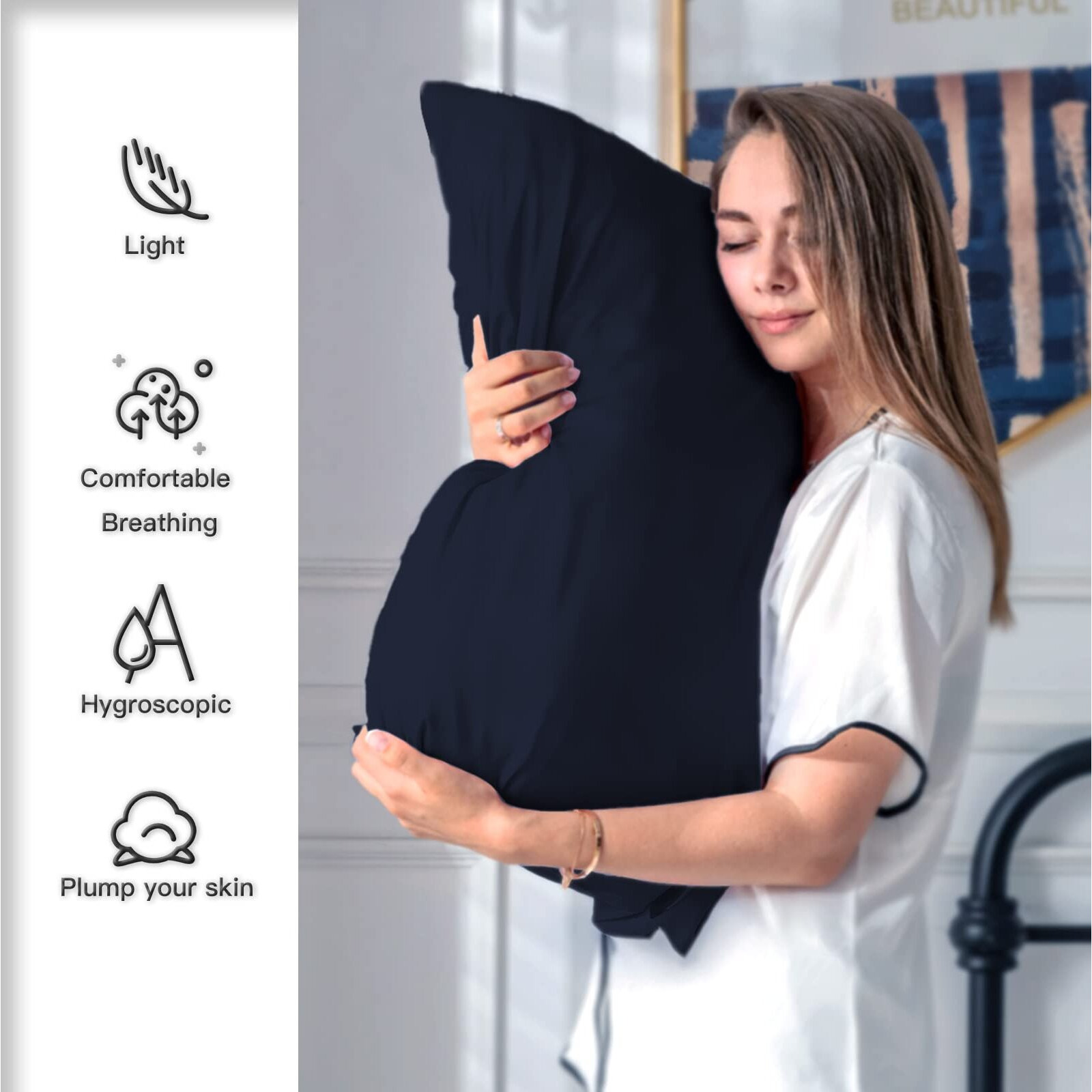 Natural Mulberry Silk Pillowcase For Hair And Skin Pillow Case With Hidden Zipper Soft Breathable Smooth Cooling Covers Sleeping(Navy Blue,Standard,1Pcs)
