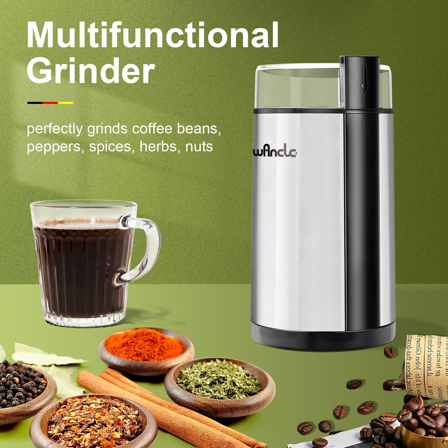 Coffee Grinder, Wancle Electric Coffee Grinder, Quiet Spice Grinder, One Touch Coffee Mill For Beans, Spices And More, With Clean Brush, Stainless Steel