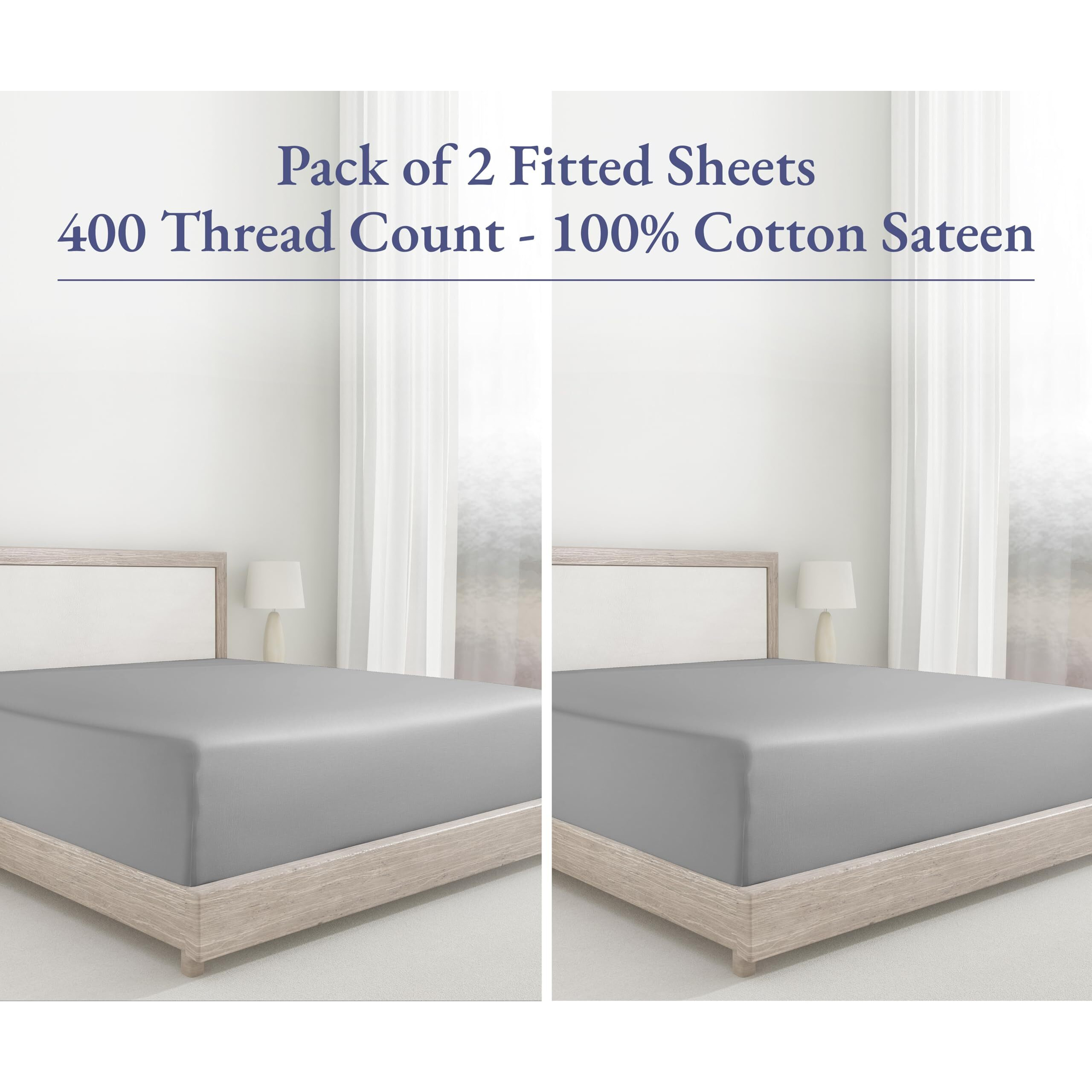 2-Pack Queen Fitted Sheet, 400 Thread Count 100% Cotton Fitted Sheet Queen, Deep Pocket Queen Fitted Sheets That Stay Tight (Light Grey)