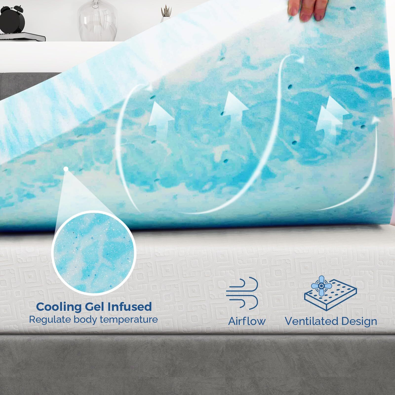 Mattress Topper Queen, 3 Inch Gel Memory Foam Bed Topper For Queen Size Bed, Certipur-Us Certified, Blue