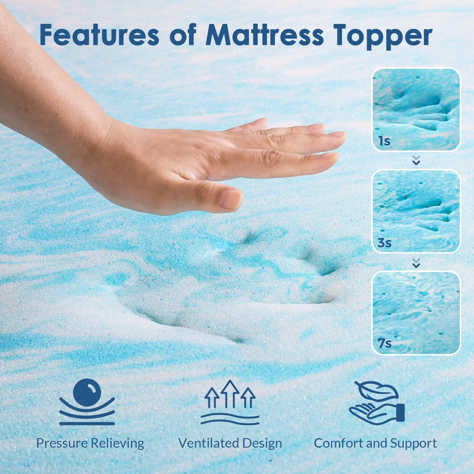 Mattress Topper Queen, 3 Inch Gel Memory Foam Bed Topper For Queen Size Bed, Certipur-Us Certified, Blue
