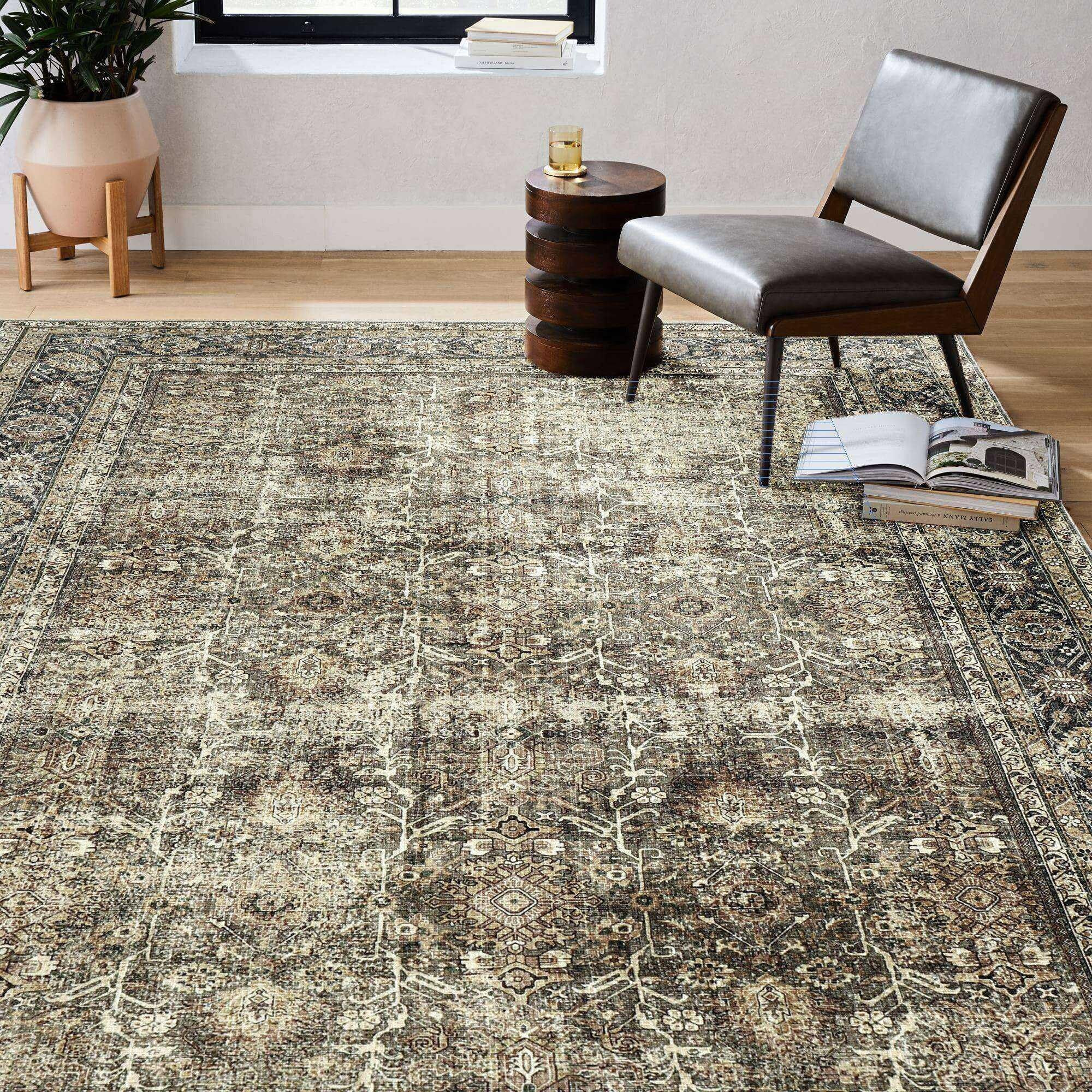 Purecozy Vintage Area Rug 5X7 Brown Bedroom Rug Indoor Kitchen Washable Living Room Carpet Tribal Distressed Rug Retro Accent Throw Rug For Office Dining Room Bathroom Faux Wool