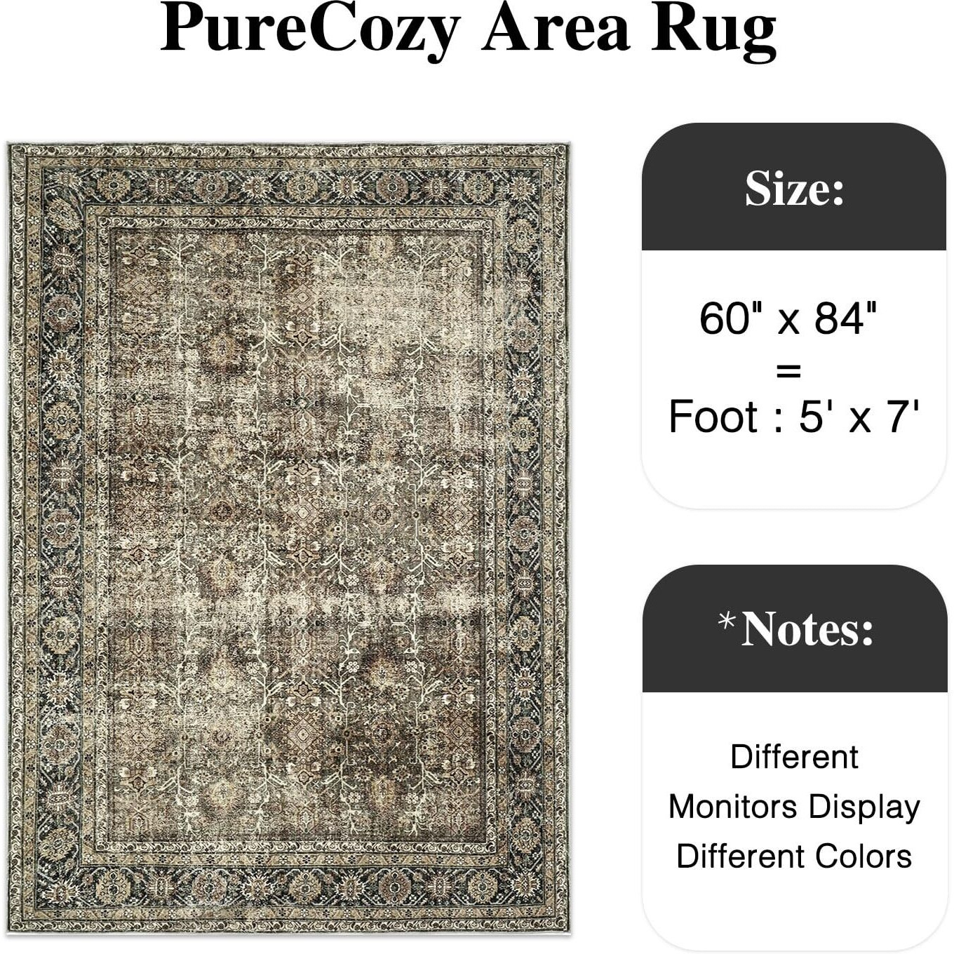Purecozy Vintage Area Rug 5X7 Brown Bedroom Rug Indoor Kitchen Washable Living Room Carpet Tribal Distressed Rug Retro Accent Throw Rug For Office Dining Room Bathroom Faux Wool