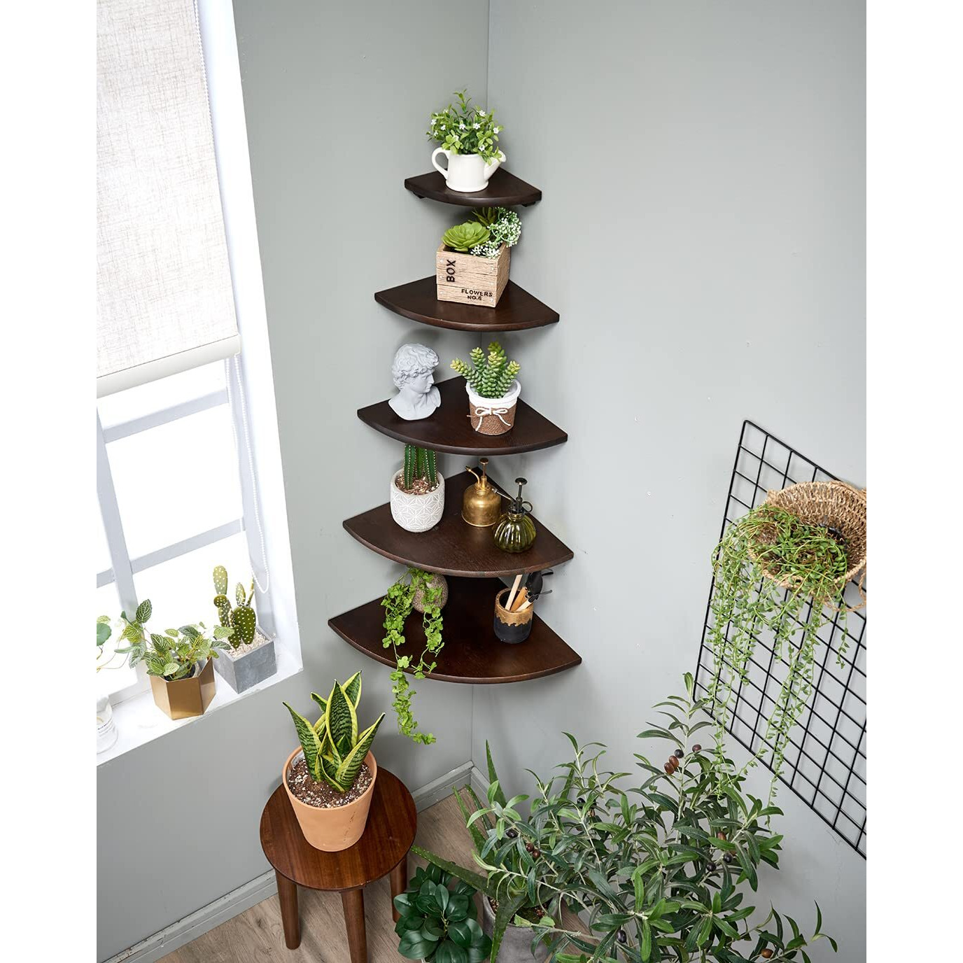 Corner Shelf,9Inch Walnut Solid Wood Floating Corner Shelf Wall Mount Round End Floating Speaker Shelf With Wire Hole Display Shelf For Small Plant Photo Frame For Bedroom Kitchen, Living Room