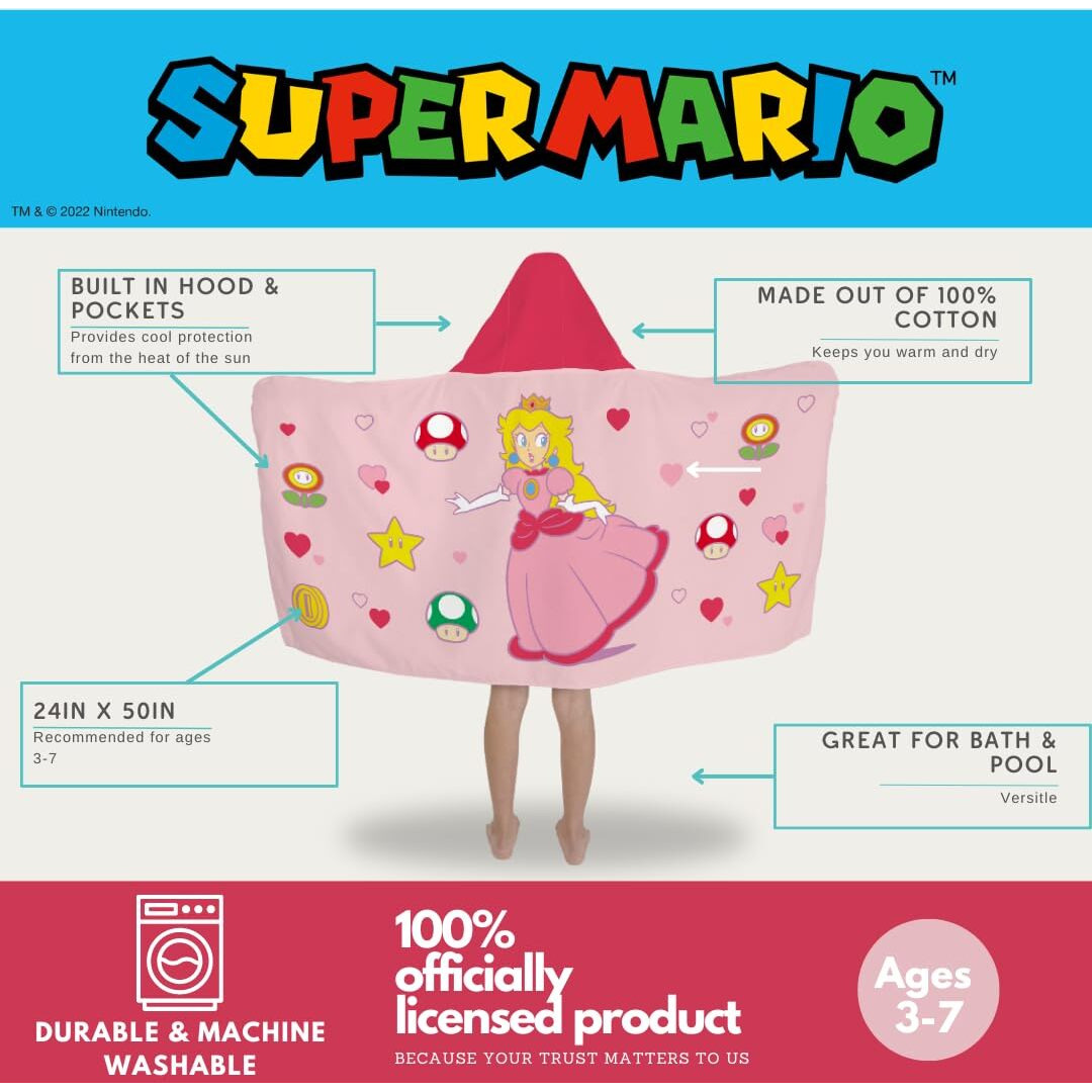 Franco Super Mario Girl Princess Peach Kids Super Soft Bath/Pool/Beach Soft Cotton Terry Hooded Towel Wrap, 24 In X 50 In, (Officially Licensed Product)