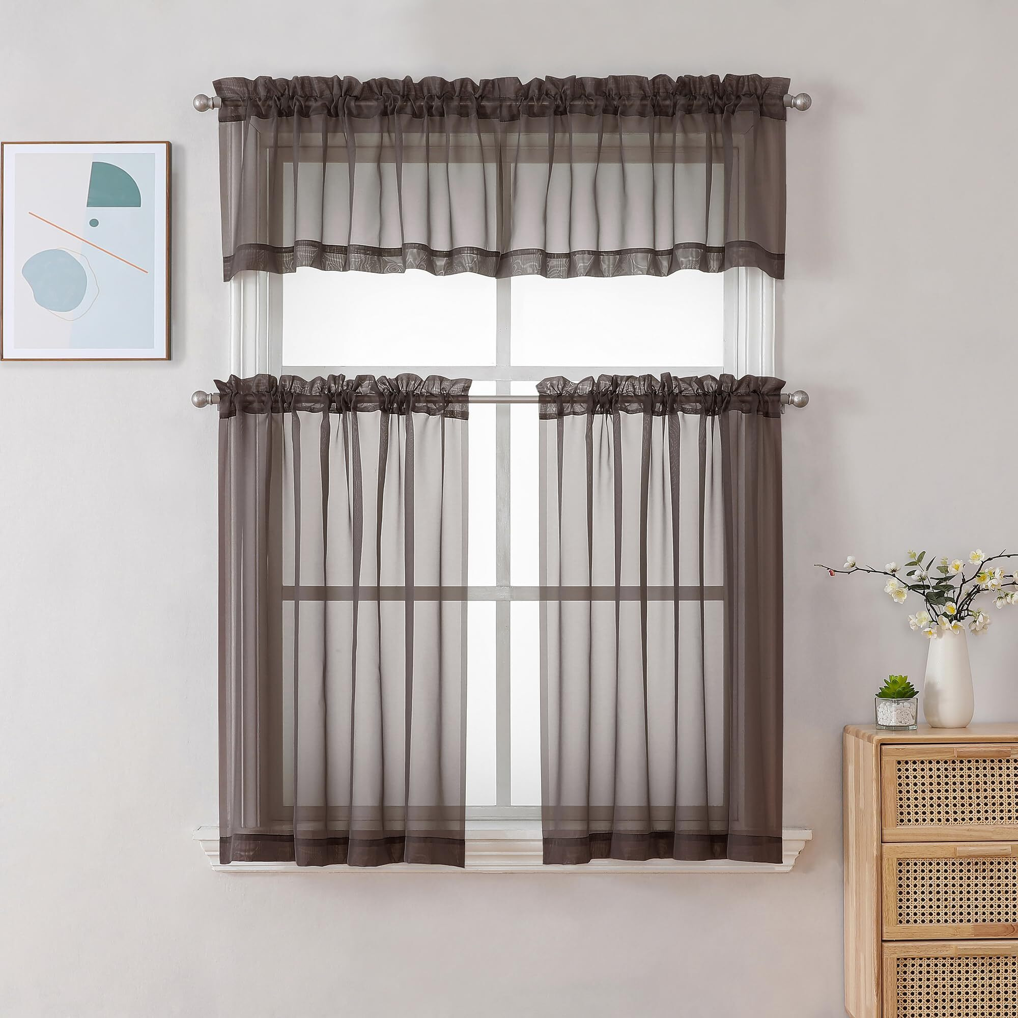 Chyhomenyc Sheer Chocolate Brown Tier Curtains 24 Inch Length, Small Window Curtains Treatment For Bathroom Living Room Basement, Short Rod Pocket Cafe Curtains, 42W X 24L Inches, 2 Panels