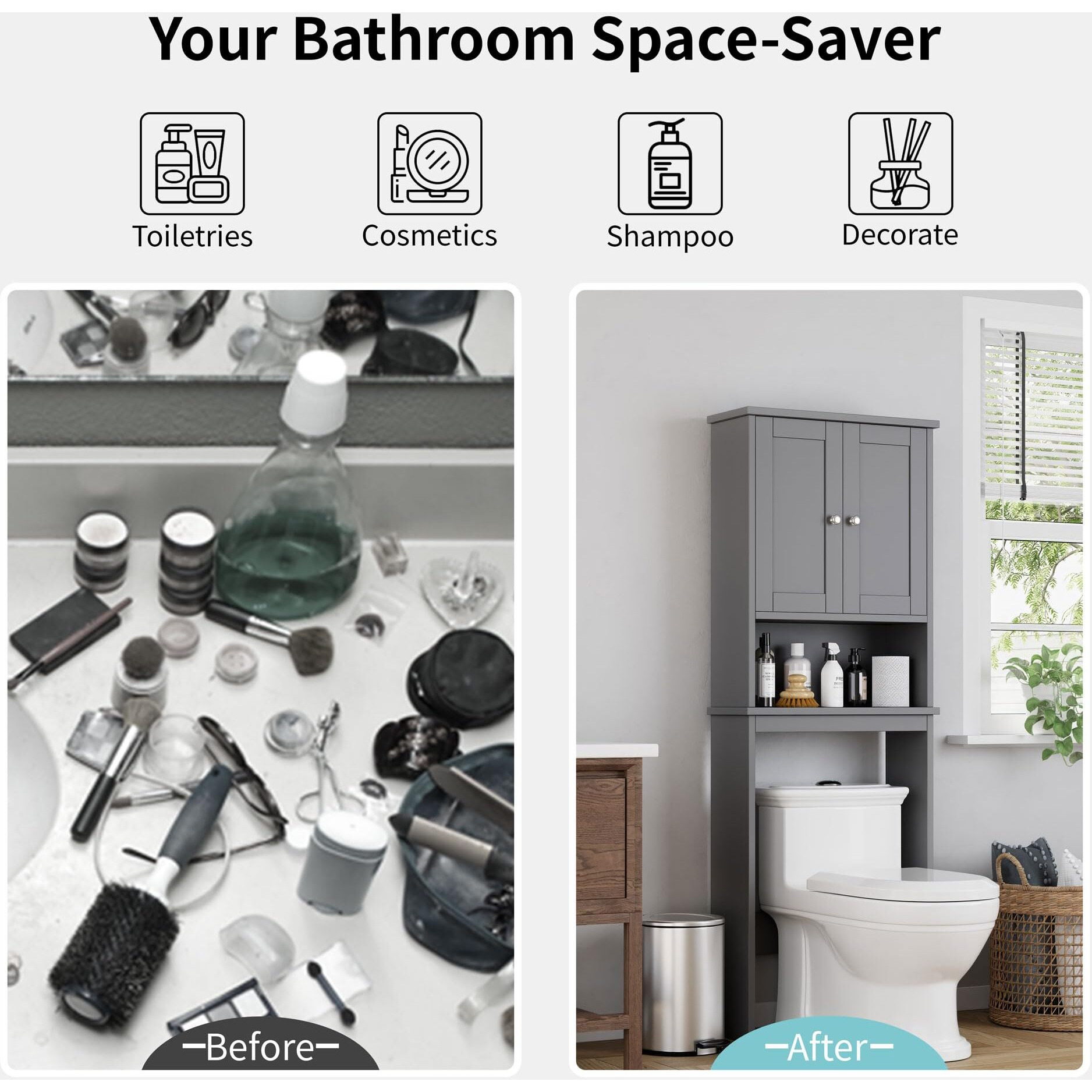 Shintenchi Over The Toilet Storage Cabinet, Bathroom Above The Toilet Rack, Bathroom Adjustable Shelf Organizer With Open Bottom Bar And Anti-Tip Device, Gray