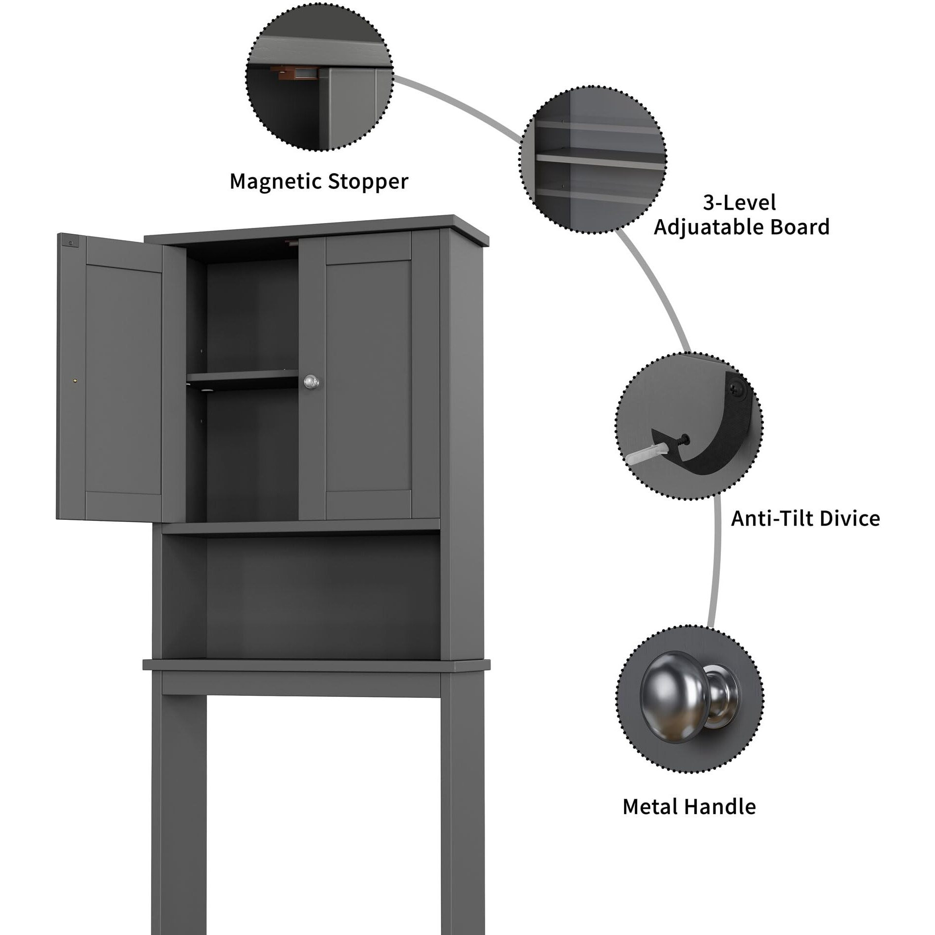 Shintenchi Over The Toilet Storage Cabinet, Bathroom Above The Toilet Rack, Bathroom Adjustable Shelf Organizer With Open Bottom Bar And Anti-Tip Device, Gray