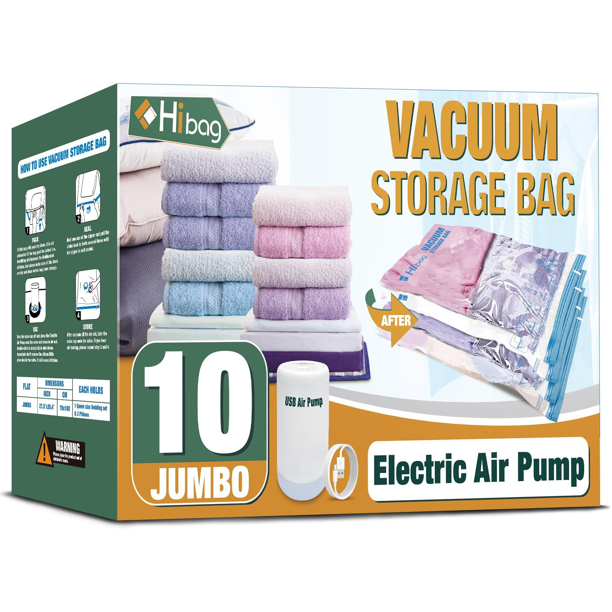 Hibag Vacuum Storage Bags With Electric Pump, Vacuum Seal Space Saver Bags For Clothes, Clothing, Pillows, Blanket Bedding Comforters, Jumbo 10 Pack