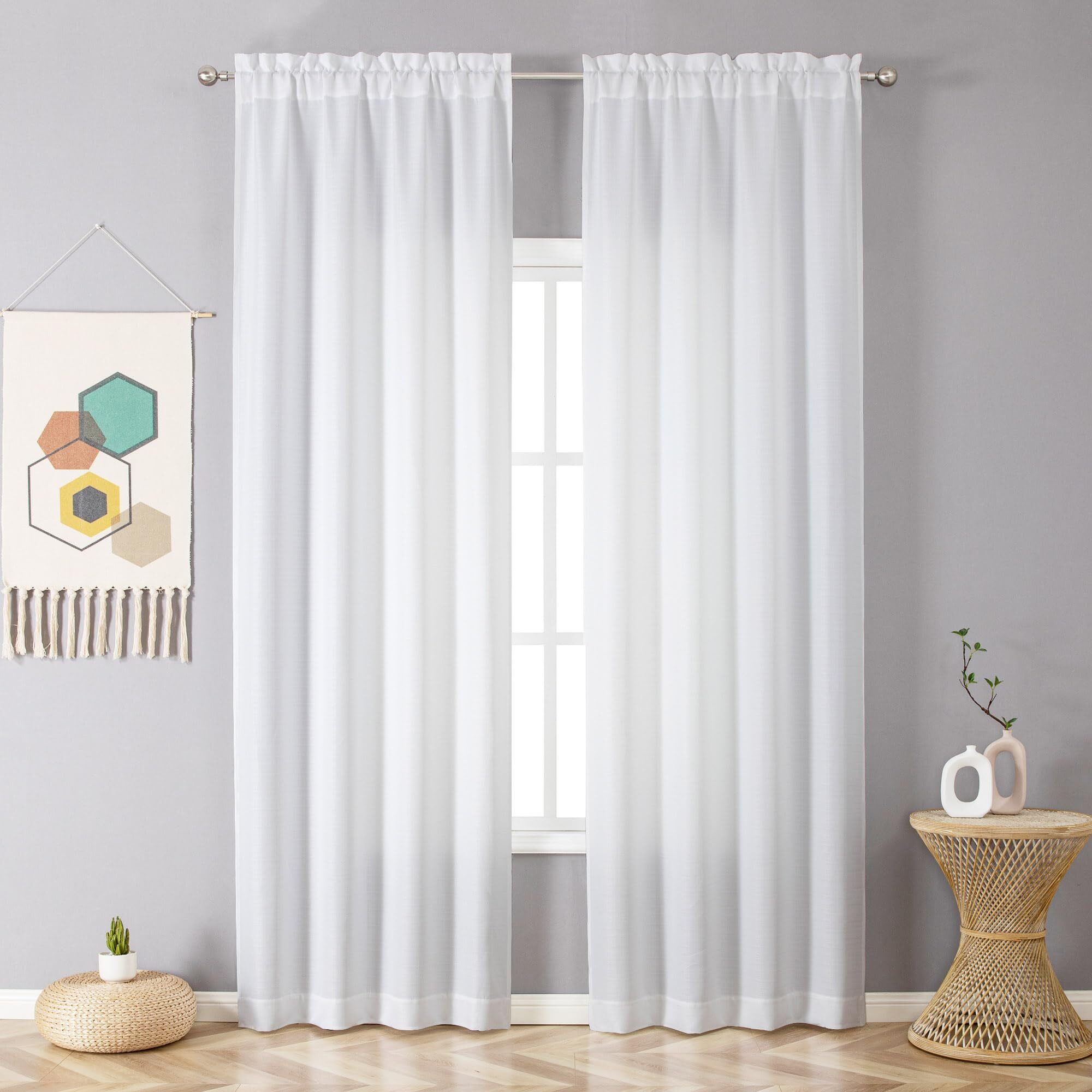Chyhomenyc White Curtains 96 Inch Length 2 Panels, Faux Linen Textured Semi Sheer Airy Light Filtering Soft Privacy Farmhouse Curtain Drapes For Living Room Bedroom, 40Wx96L Inch, Set Of 2