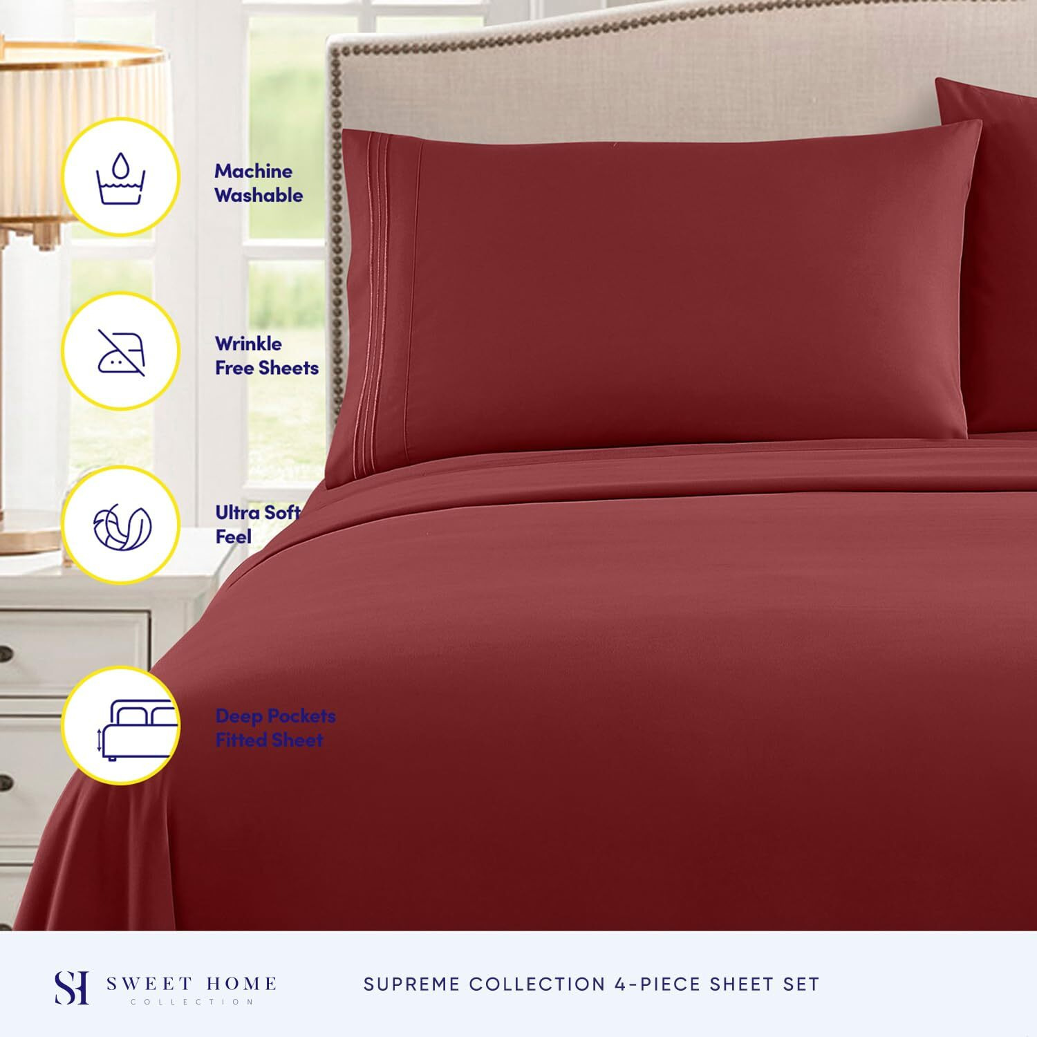 Queen Size Bed Sheets - Breathable Luxury Sheets With Full Elastic & Secure Corner Straps Built In - 1800 Supreme Collection Extra Soft Deep Pocket Bedding Set, Sheet Set, Queen, Burgundy
