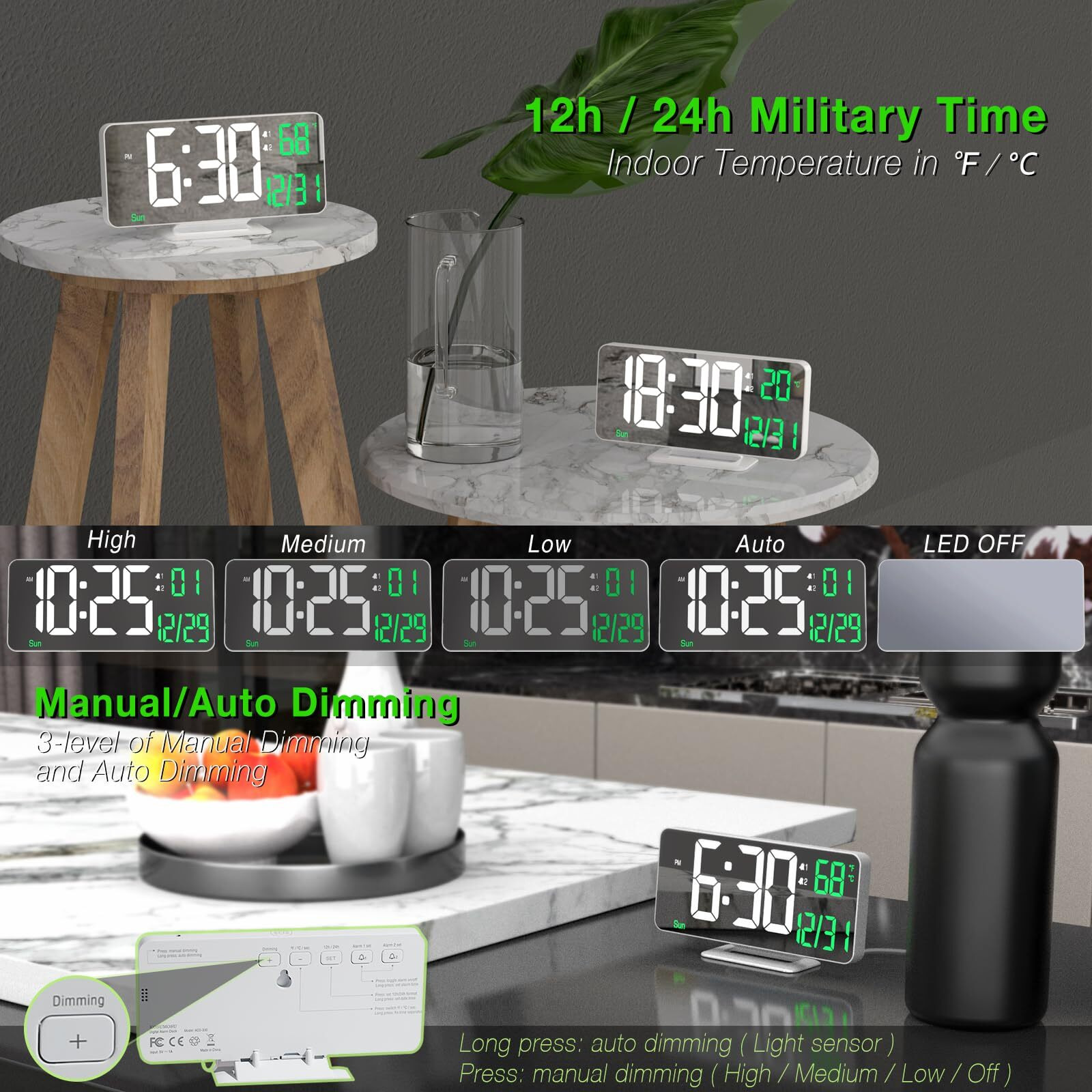 Kosumosu Alarm Clock For Bedroom, 6.7"" Led Desk Digital Clock,Mirror Clock,Dual Alarm Clock For Living Room With Seconds,Date,Week,12/24H,Dimming,Temp