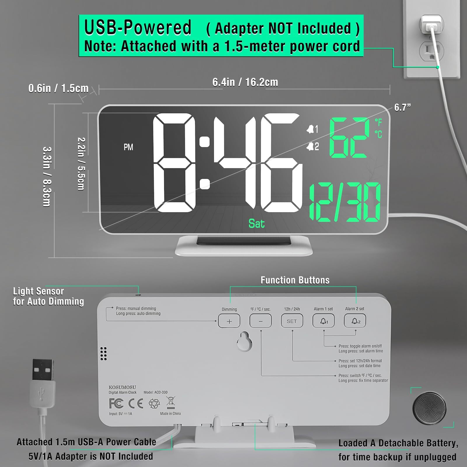 Kosumosu Alarm Clock For Bedroom, 6.7"" Led Desk Digital Clock,Mirror Clock,Dual Alarm Clock For Living Room With Seconds,Date,Week,12/24H,Dimming,Temp
