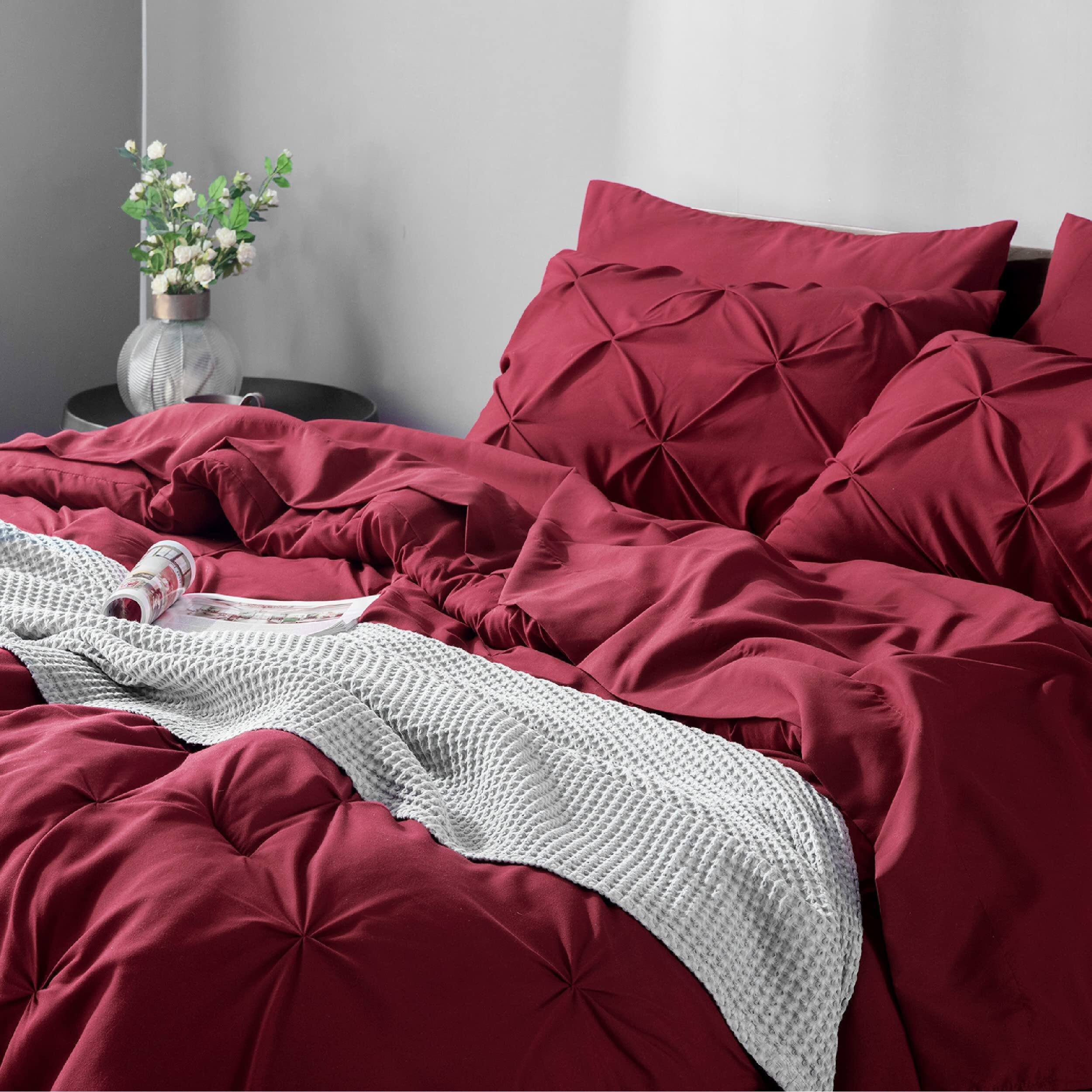 Bedsure California King Comforter Set - Cal King Bed Set 7 Pieces, Pinch Pleat Burgundy Cali King Bedding Set With Comforter, Sheets, Pillowcases & Shams