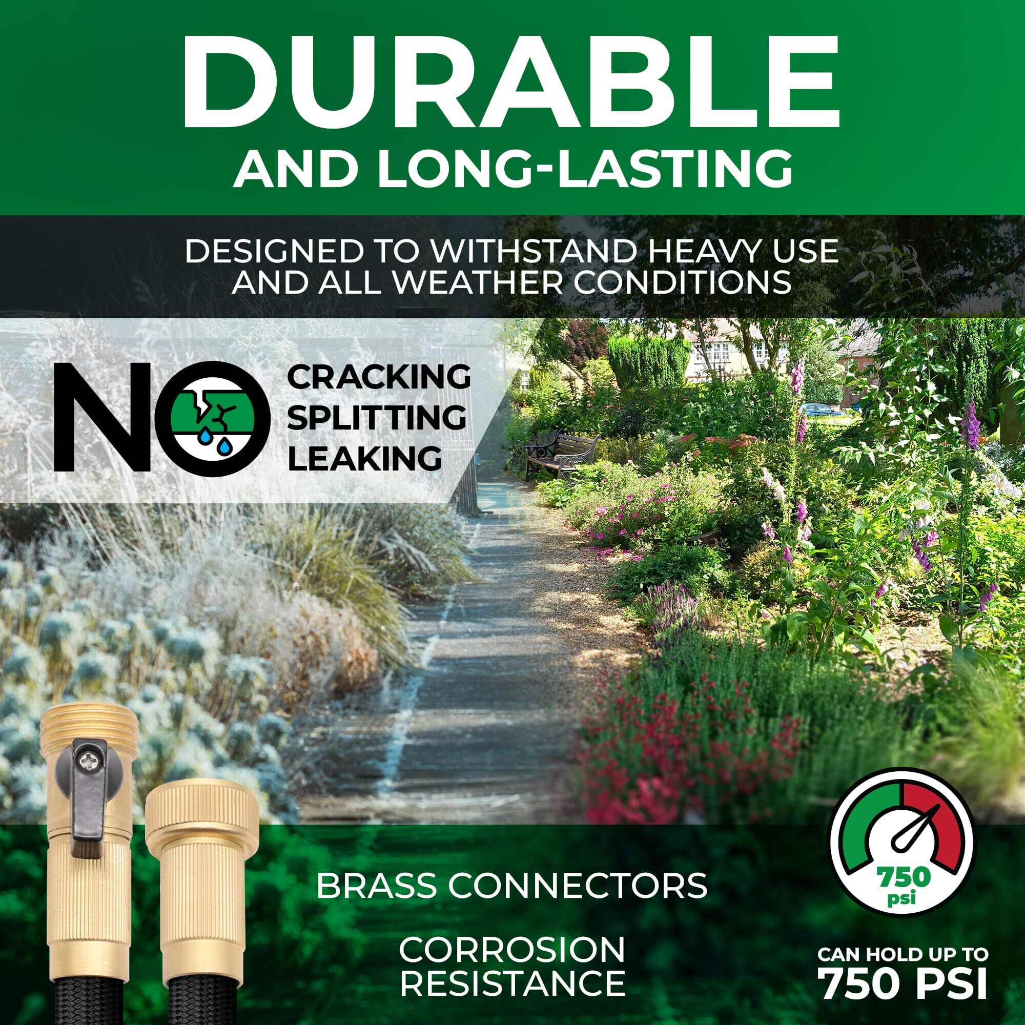 Lighthose Garden Hose, Non-Expandable Garden Hose, Super Light Weight Hose, No Burst, 3/4 Inch Solid Brass Connectors, 50 Ft, Black