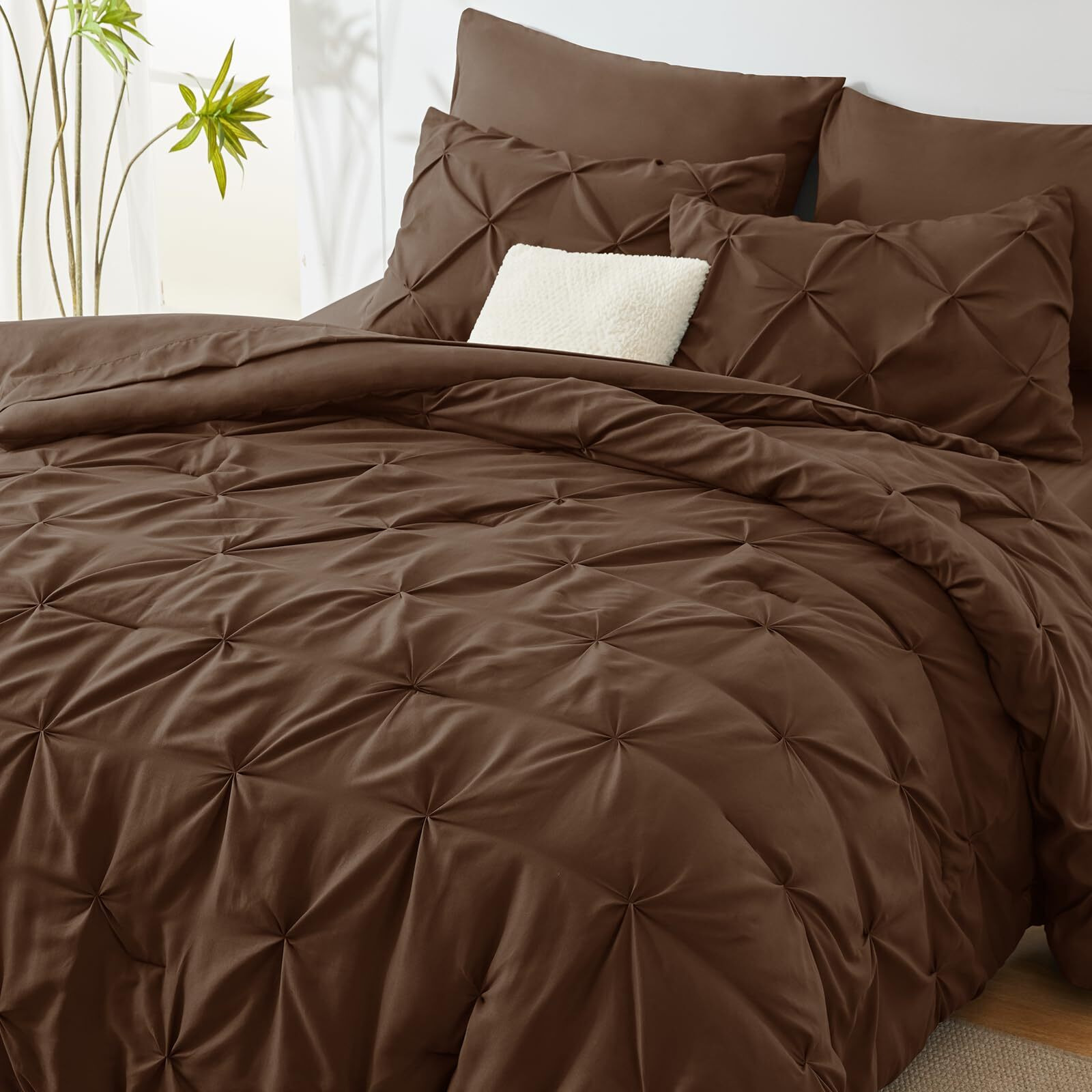 Cozylux King Size Comforter Set - 7 Pieces Comforters King Size Brown, Pintuck Bed In A Bag Pinch Pleat Bedding Sets With All Season Comforter, Flat Sheet, Fitted Sheet And Pillowcases & Shams