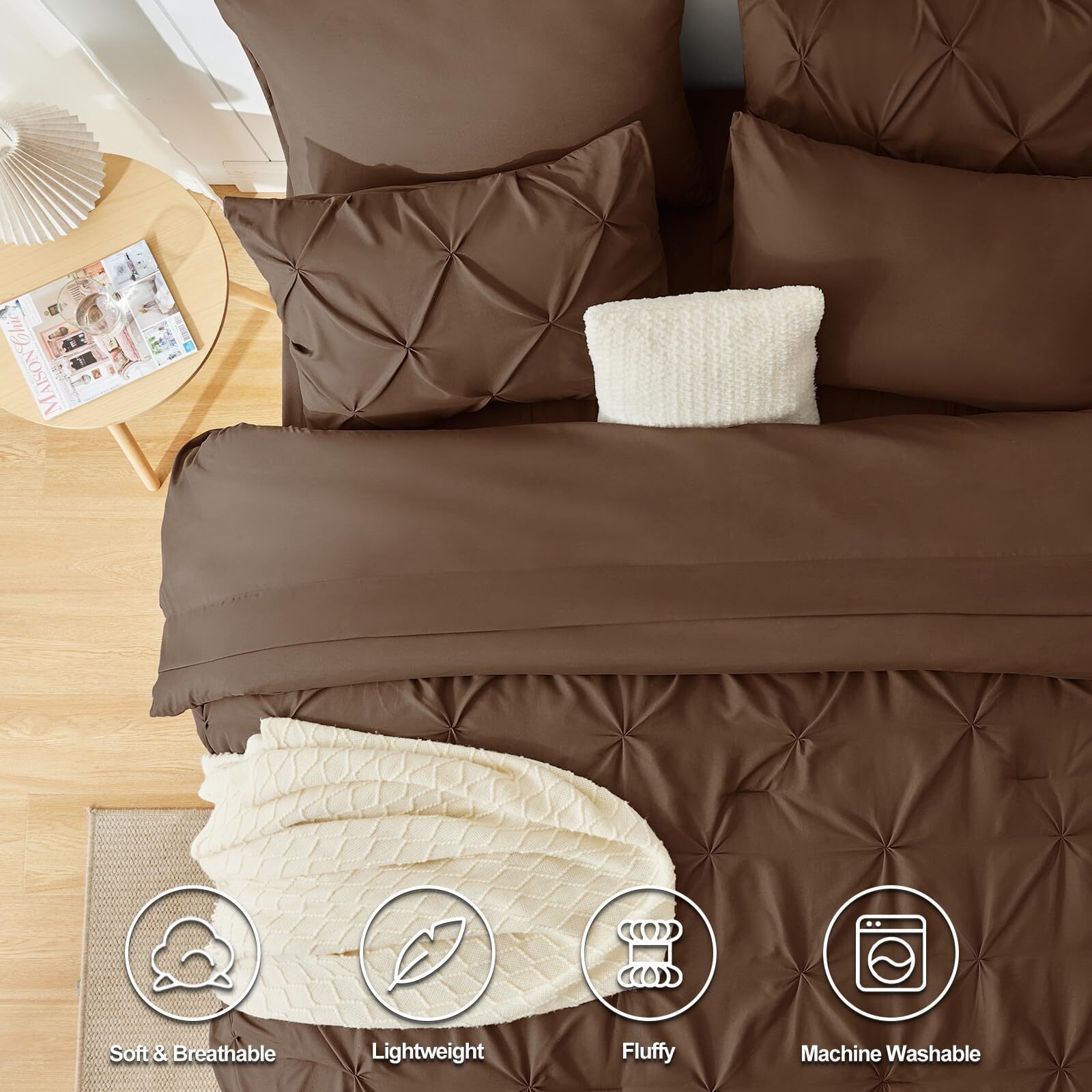 Cozylux King Size Comforter Set - 7 Pieces Comforters King Size Brown, Pintuck Bed In A Bag Pinch Pleat Bedding Sets With All Season Comforter, Flat Sheet, Fitted Sheet And Pillowcases & Shams