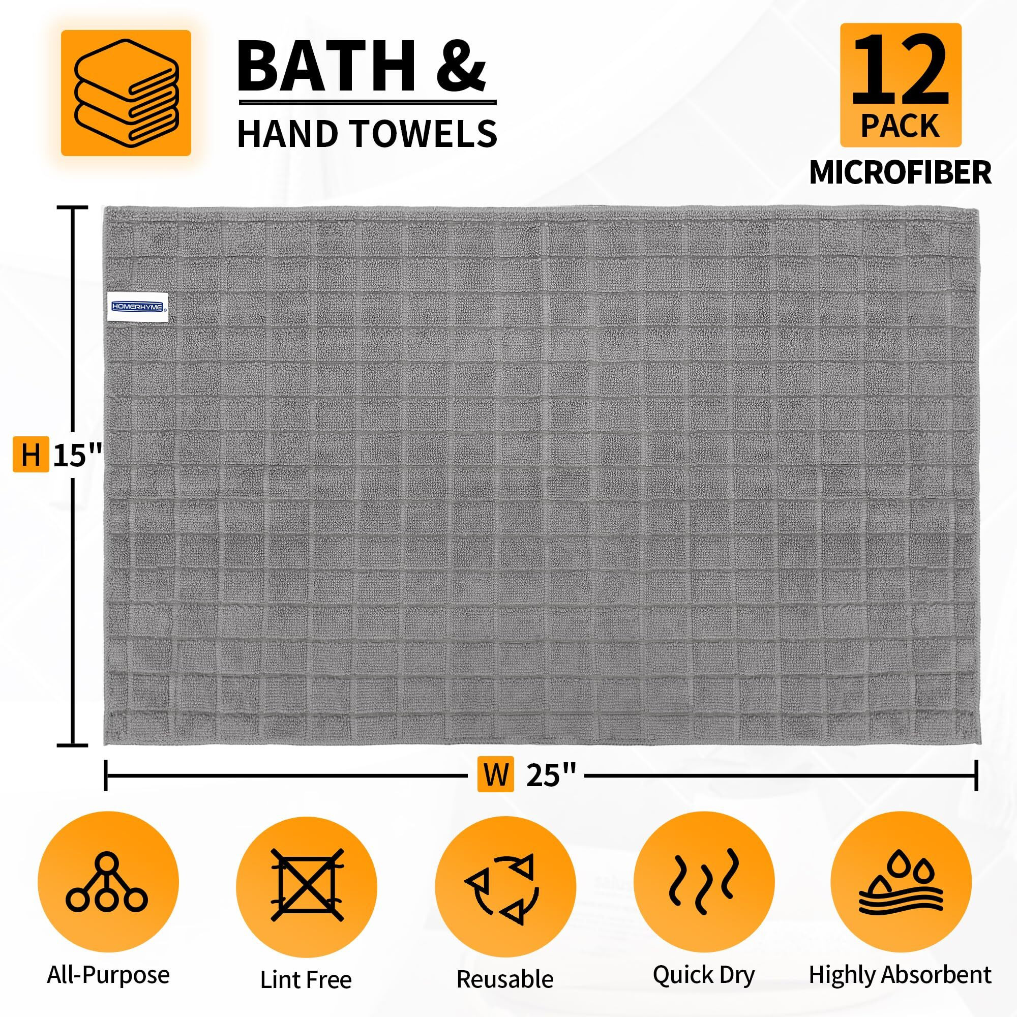 Homerhyme Hand Towels, 12 Pack 25''*15'' Microfiber Bathroom Hand Towels, Grey All-Purpose Quick Dry Lint Free Soft Absorbent Bulk Checkered Washcloths Bath Towels For Hotel Kitchen Salon