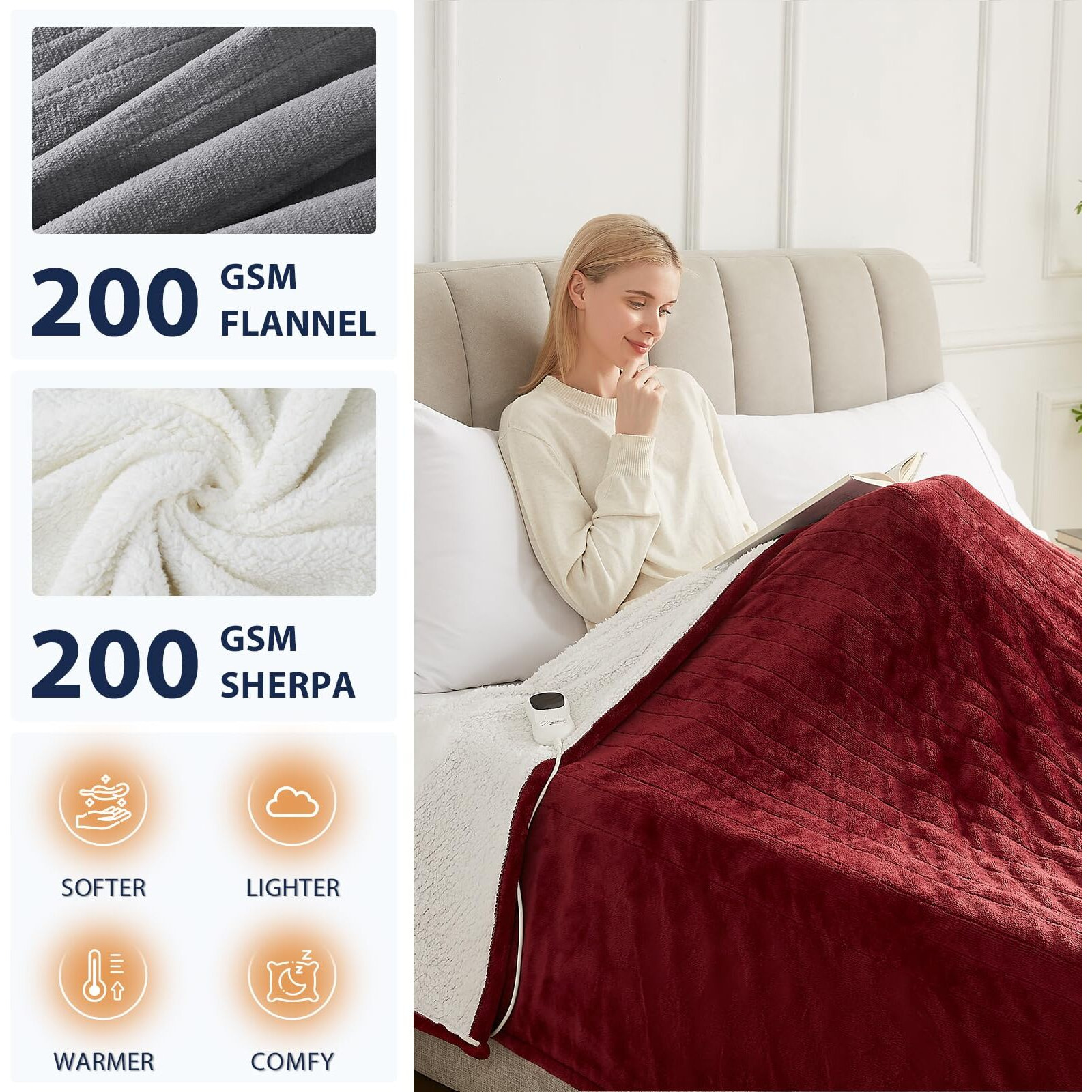 Homemate Electric Heated Blanket Queen - 84"&quotX90"" Heating Blanket Queen Size Dual Control 1/2/4/6/8 Hours Auto-Off 10 Heat Level Heat Blanket Over-Heat Protection Flannel Sherpa Etl Certification