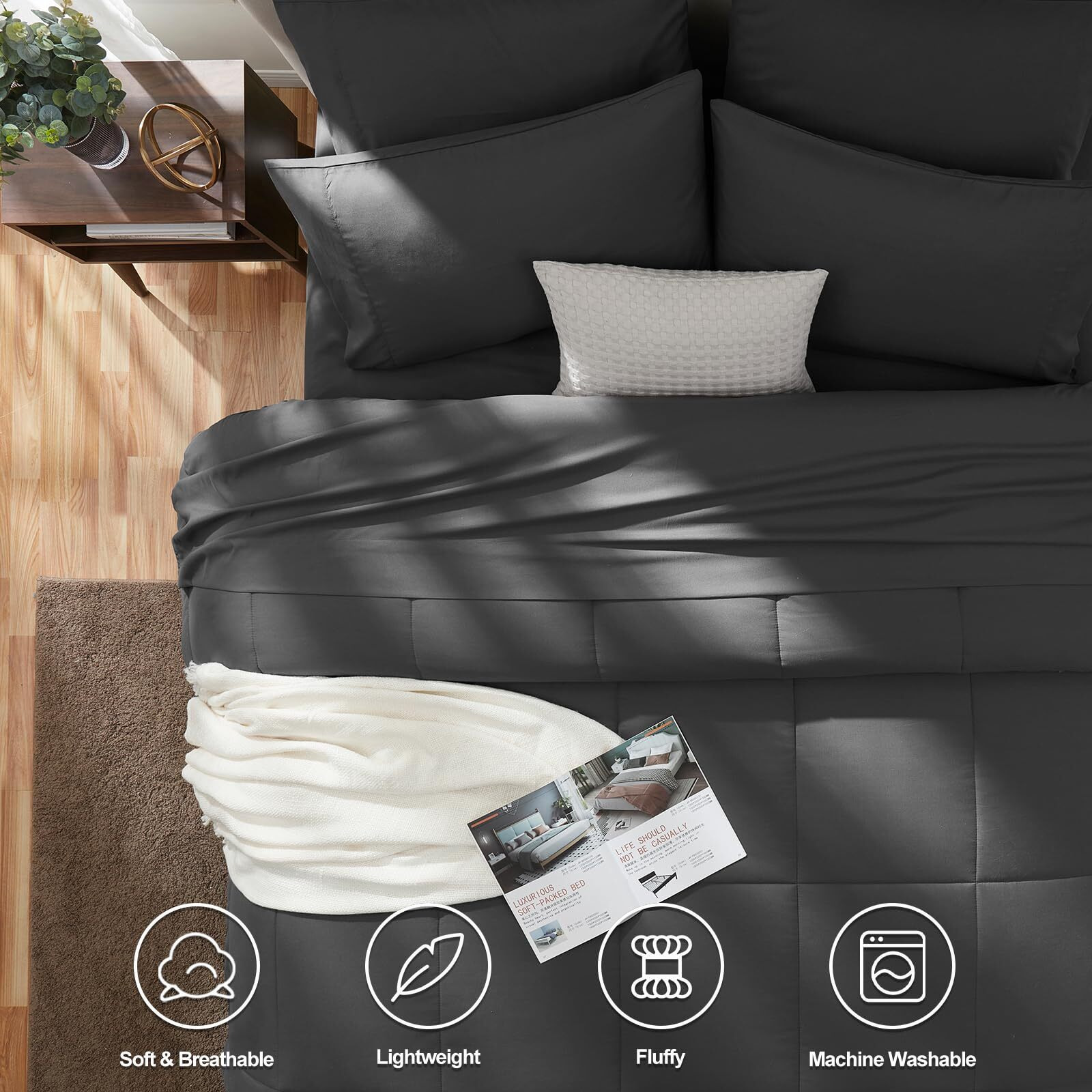 Cozylux King Size Comforter Set - 7 Pieces Bed In A Bag Set Dark Grey, King Bedding Set With All Season Quilted Comforter, Flat Sheet, Fitted Sheet, Pillowcases