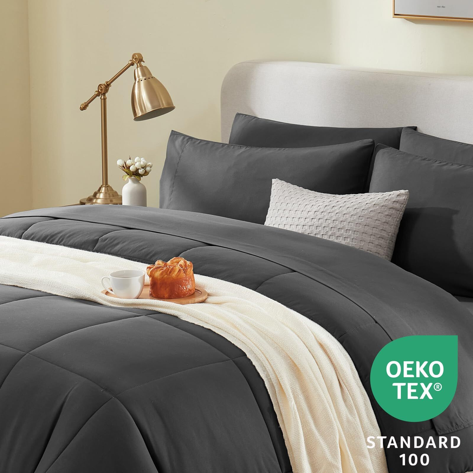 Cozylux King Size Comforter Set - 7 Pieces Bed In A Bag Set Dark Grey, King Bedding Set With All Season Quilted Comforter, Flat Sheet, Fitted Sheet, Pillowcases