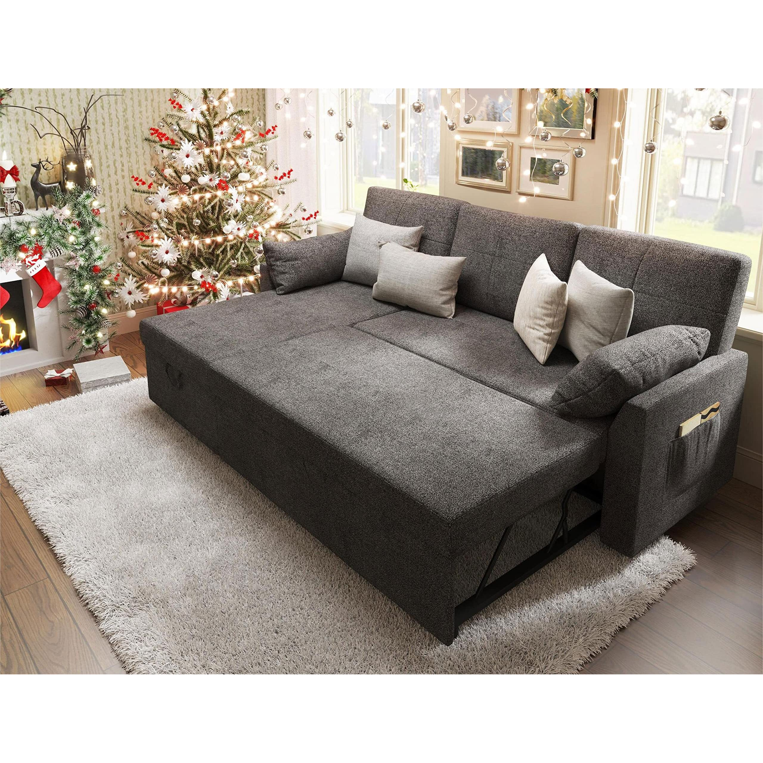 Vanacc Sleeper Sofa, Sofa Bed- 2 In 1 Pull Out Couch Bed With Storage Chaise, Sleeper Couch For Living Room, Grey Linen