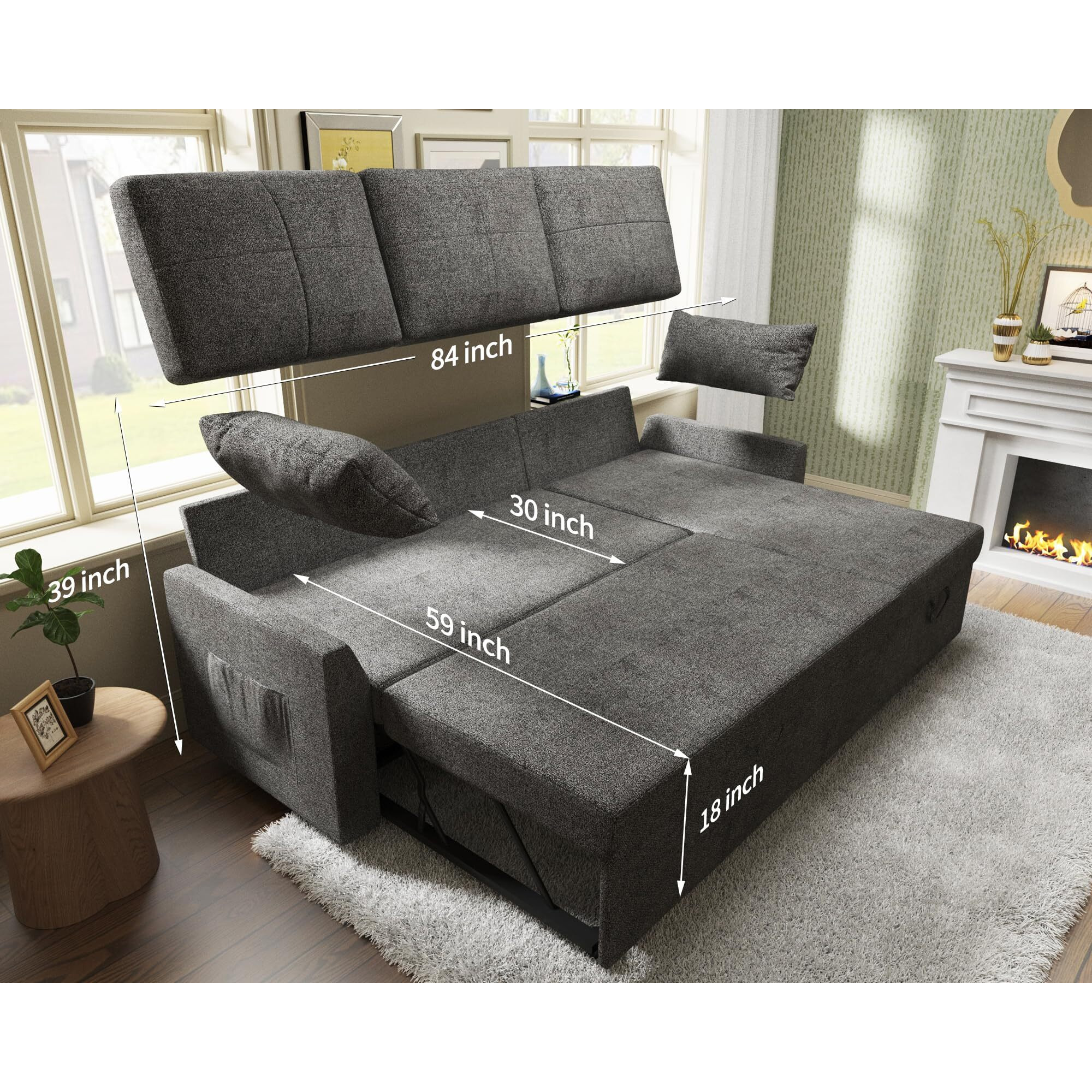 Vanacc Sleeper Sofa, Sofa Bed- 2 In 1 Pull Out Couch Bed With Storage Chaise, Sleeper Couch For Living Room, Grey Linen