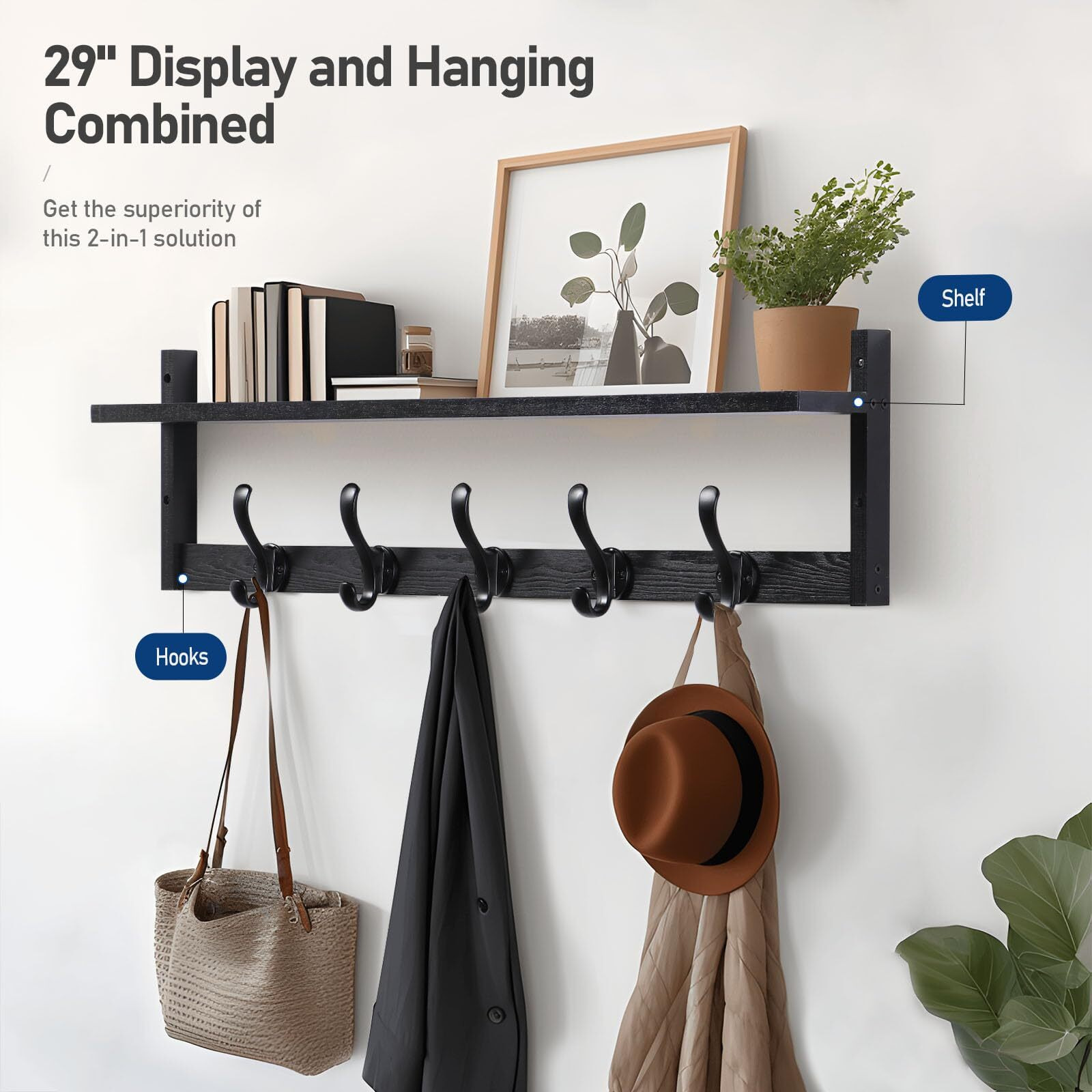 Tatub 29'' Coat Rack Wall Mount With Shelf, Wood Wall Hooks With Storage, Entryway Shelf With 5 Coat Hangers For Bathroom, Living Room, Bedroom, Black