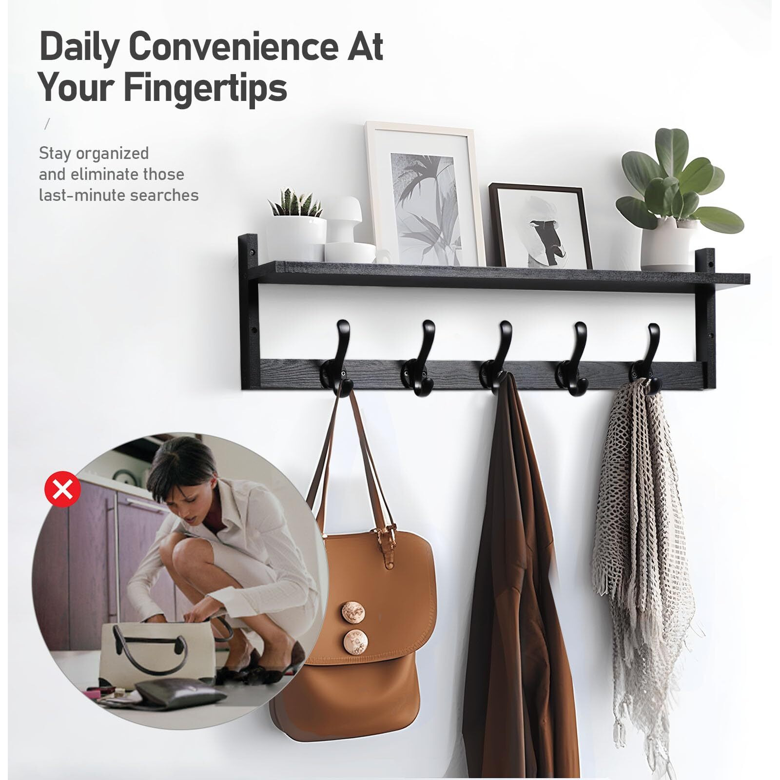 Tatub 29'' Coat Rack Wall Mount With Shelf, Wood Wall Hooks With Storage, Entryway Shelf With 5 Coat Hangers For Bathroom, Living Room, Bedroom, Black