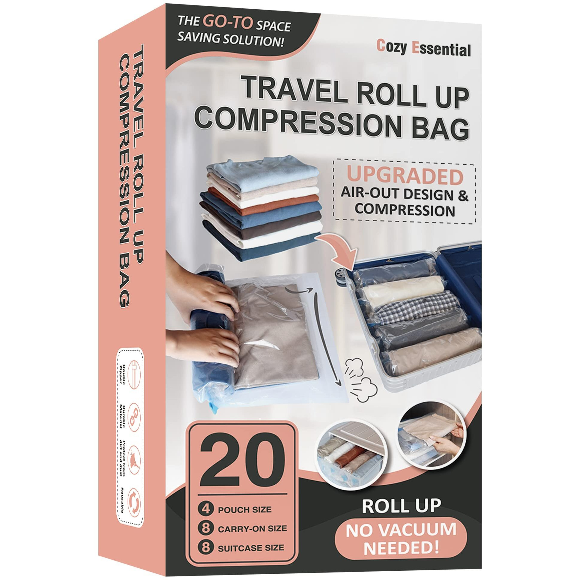 20 Travel Compression Bags, Hand Roll Up Travel Space Saver Bags For Luggage No Vacuum Needed, Cruise Ship Essentials (8 Large Roll/8 Medium Roll/4 Small Roll)