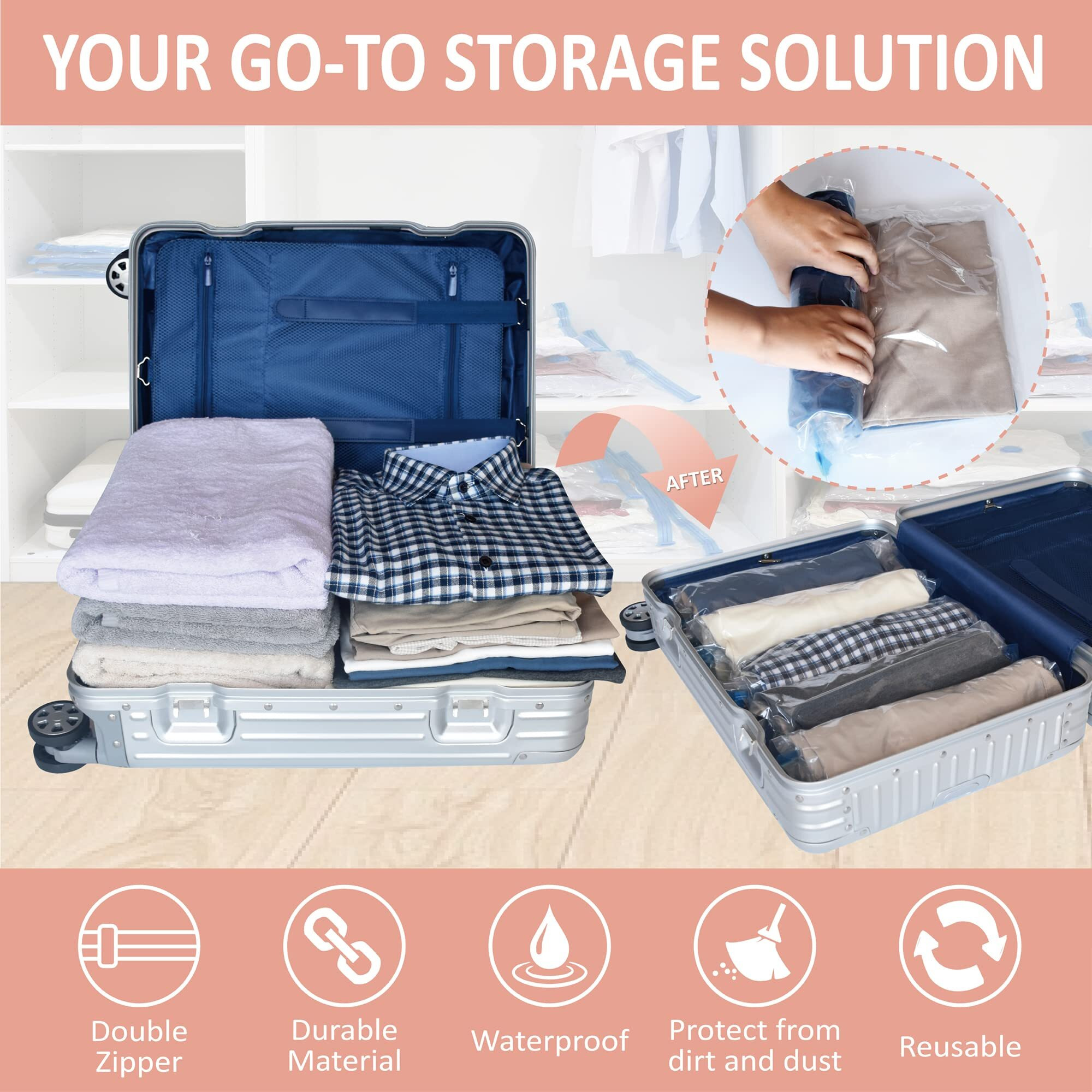 20 Travel Compression Bags, Hand Roll Up Travel Space Saver Bags For Luggage No Vacuum Needed, Cruise Ship Essentials (8 Large Roll/8 Medium Roll/4 Small Roll)