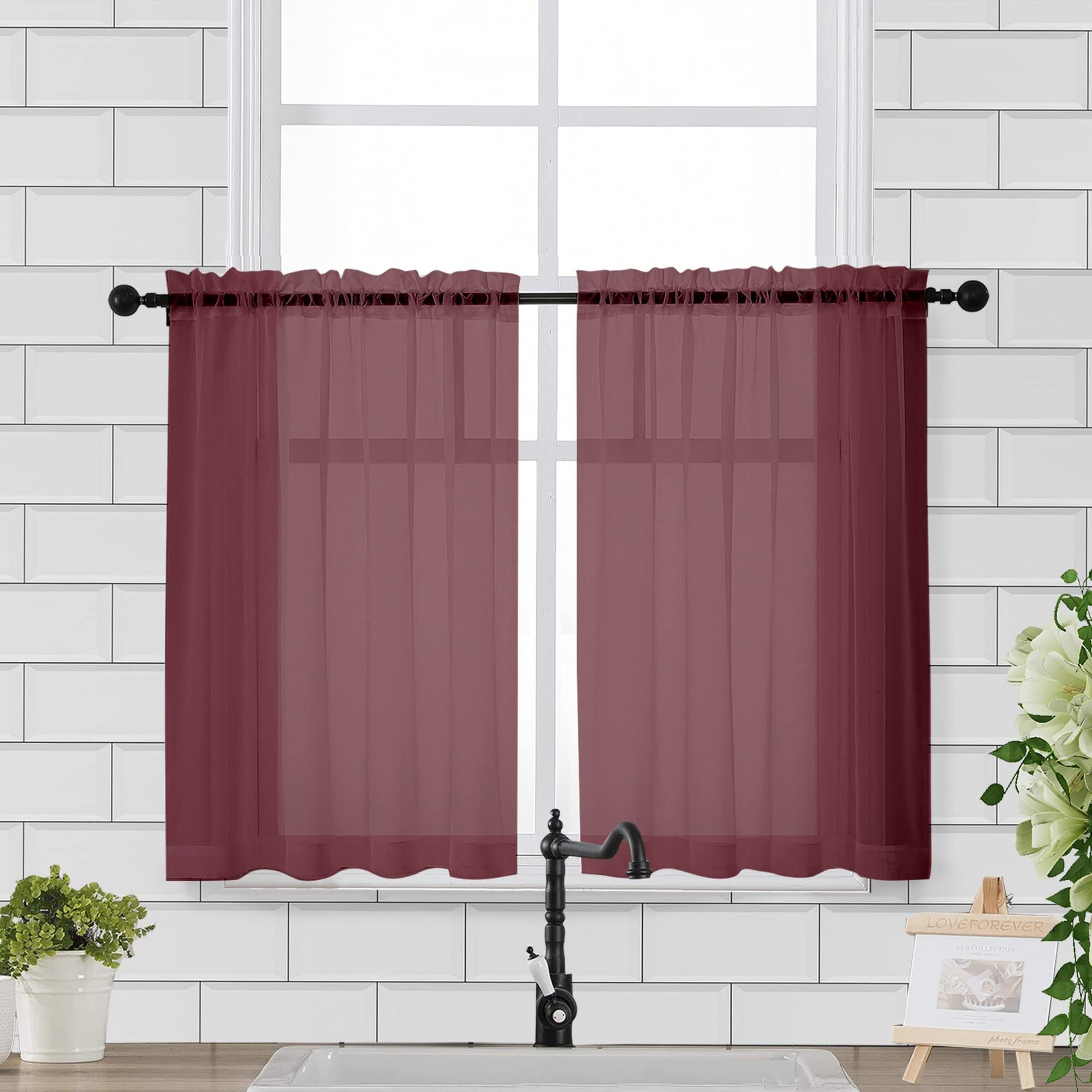 Chyhomenyc Window Sheer Curtains Tier Pair 36In Length, Short Voile Sheer Window Curtians For Small Window Bathroom Cafe Living Room Farmhouse, 2Pcs, 42W X 36L Inches, Rod Pocket, Burgundy