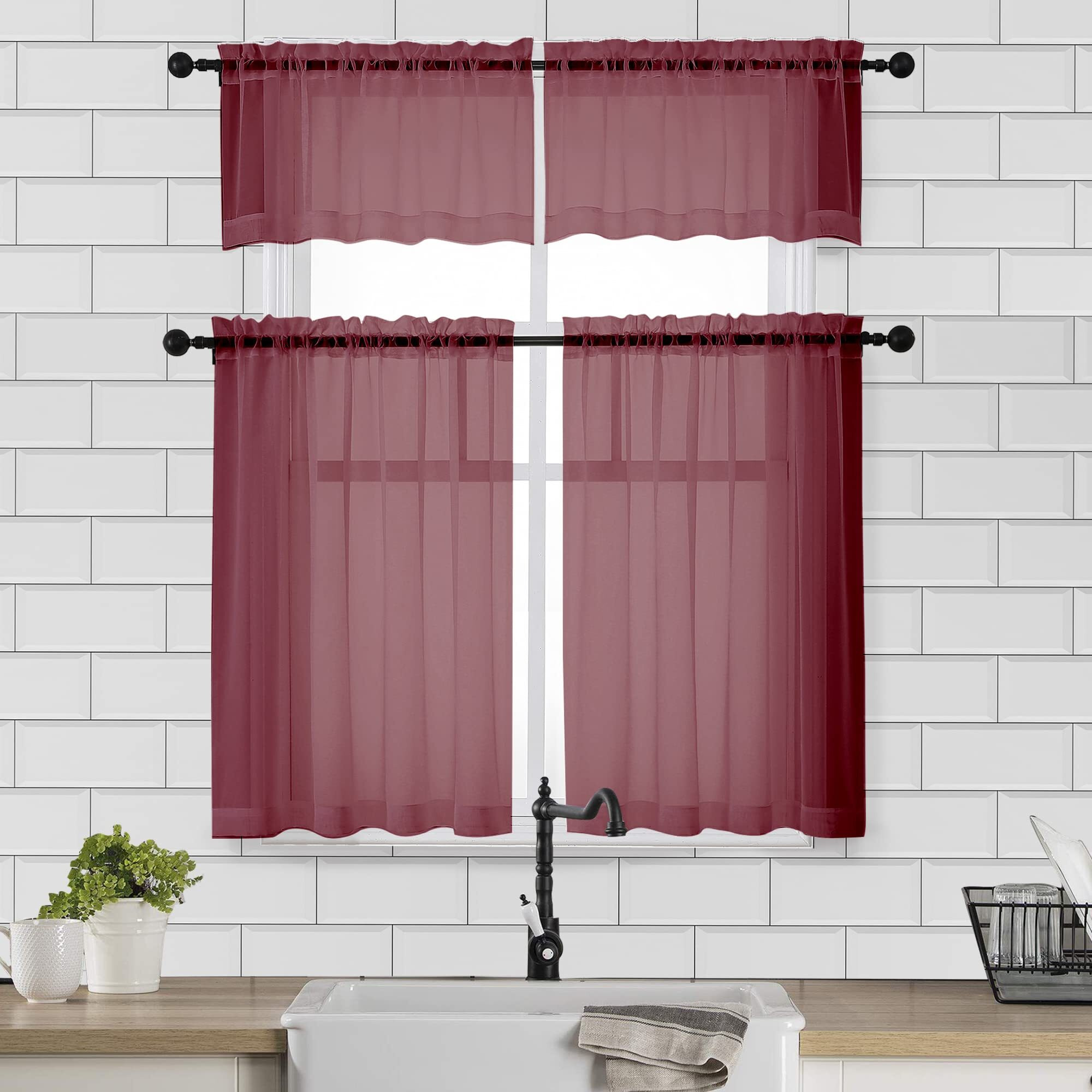 Chyhomenyc Window Sheer Curtains Tier Pair 36In Length, Short Voile Sheer Window Curtians For Small Window Bathroom Cafe Living Room Farmhouse, 2Pcs, 42W X 36L Inches, Rod Pocket, Burgundy