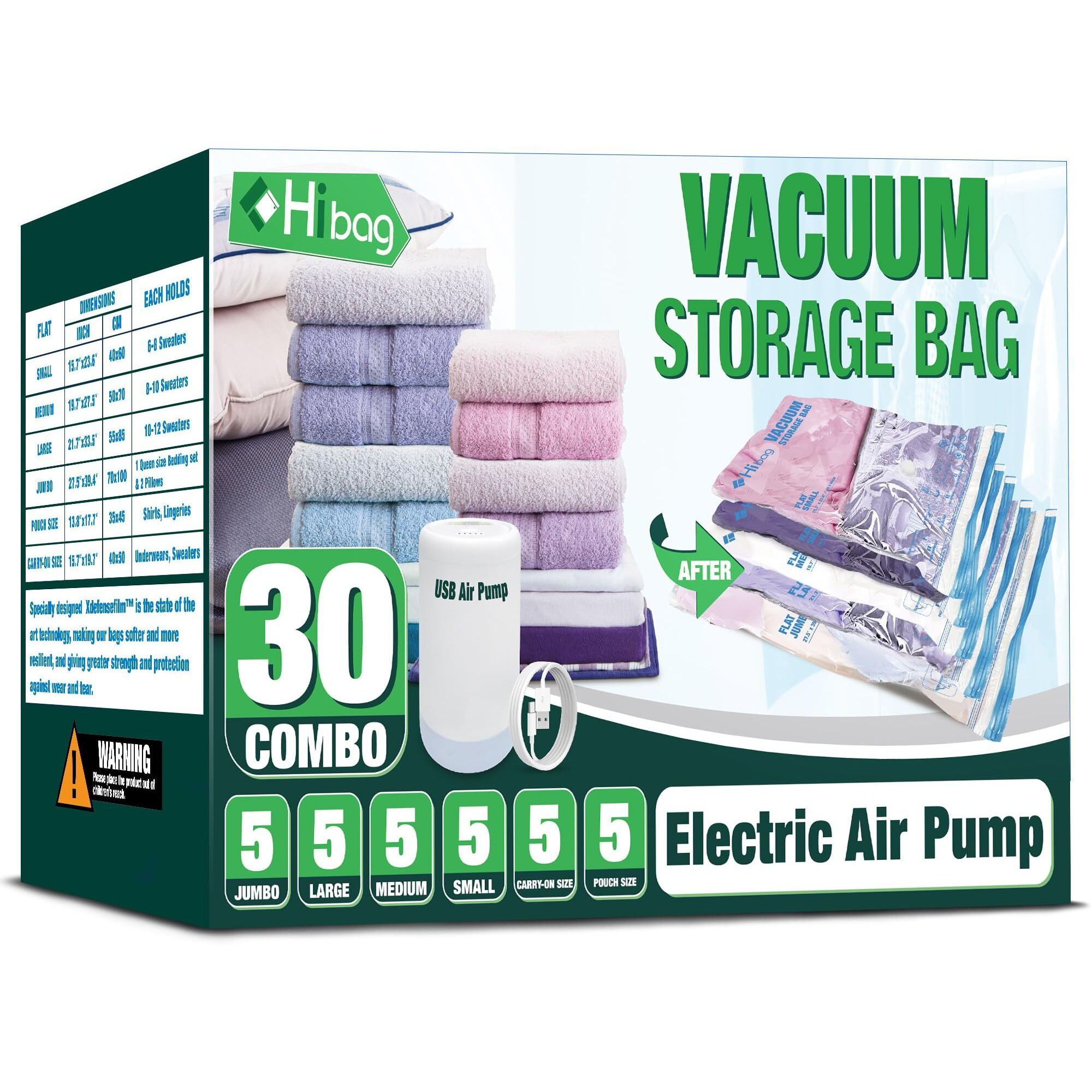 Hibag Vacuum Storage Bags With Electric Pump, 30 Pack Vacuum Seal Space Saver Bag For Clothes, Clothing, Pillows, Blanket Bedding Comforters