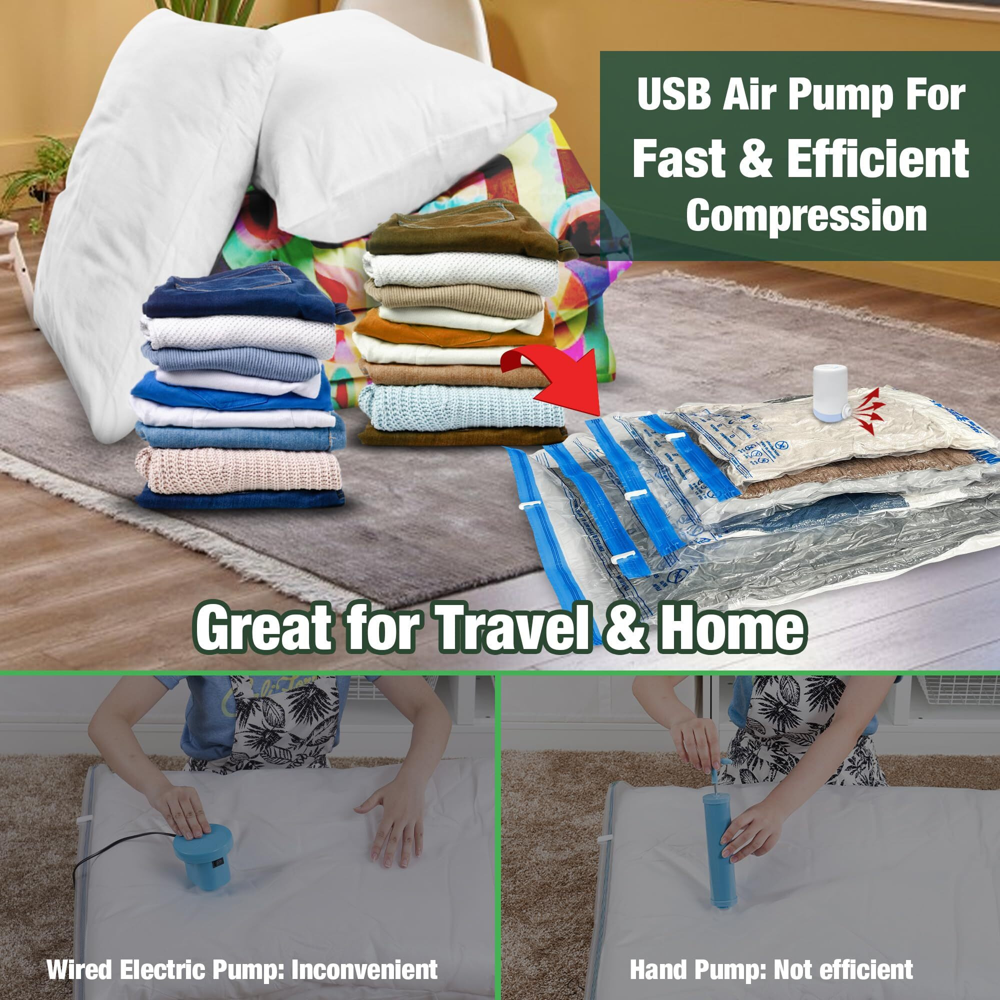 Hibag Vacuum Storage Bags With Electric Pump, 30 Pack Vacuum Seal Space Saver Bag For Clothes, Clothing, Pillows, Blanket Bedding Comforters