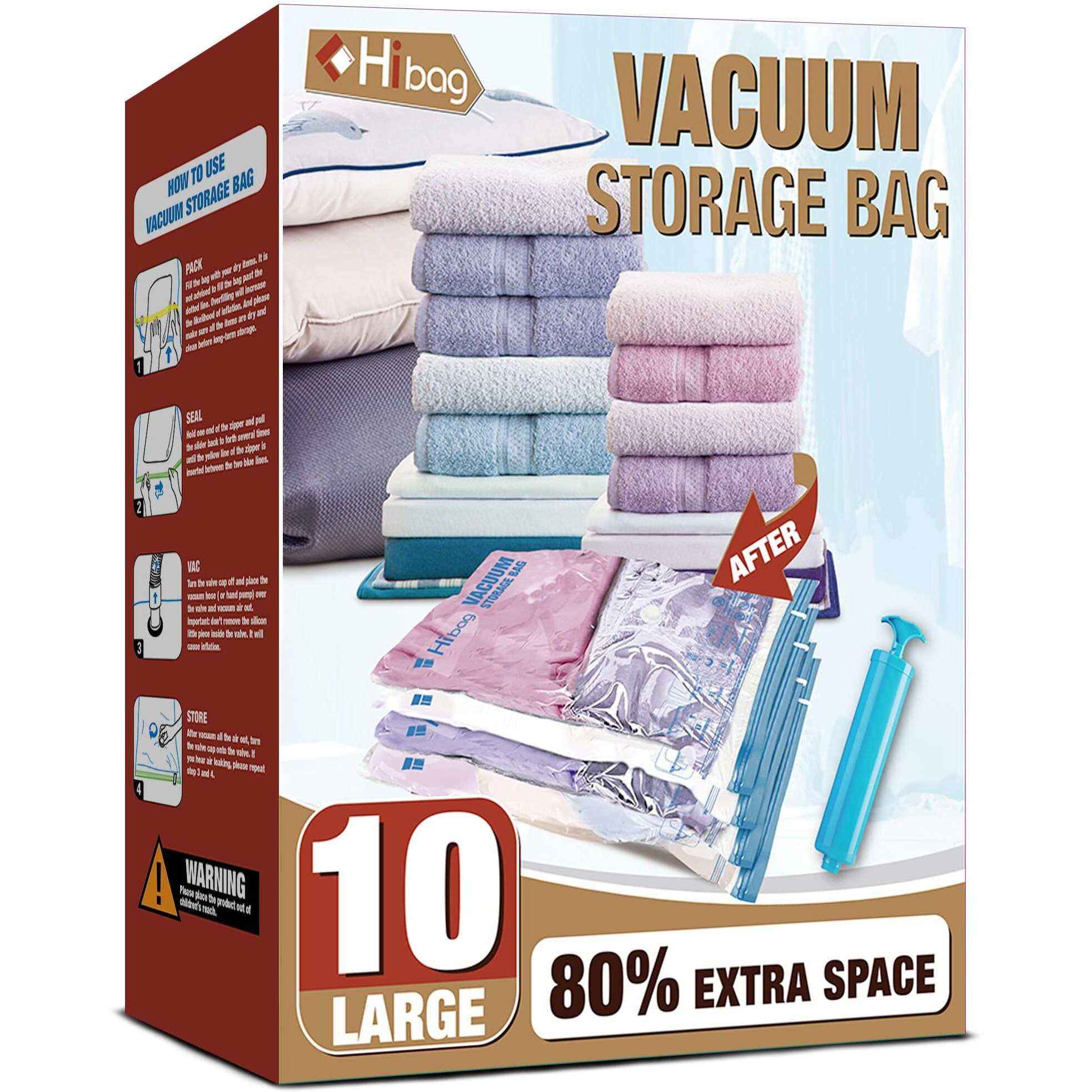 Vacuum Storage Bags, 10 Large Space Saver Vacuum Seal Bags, Space Bags, Vacuum Sealer Bags For Clothes, Blankets, Bedding (10L)