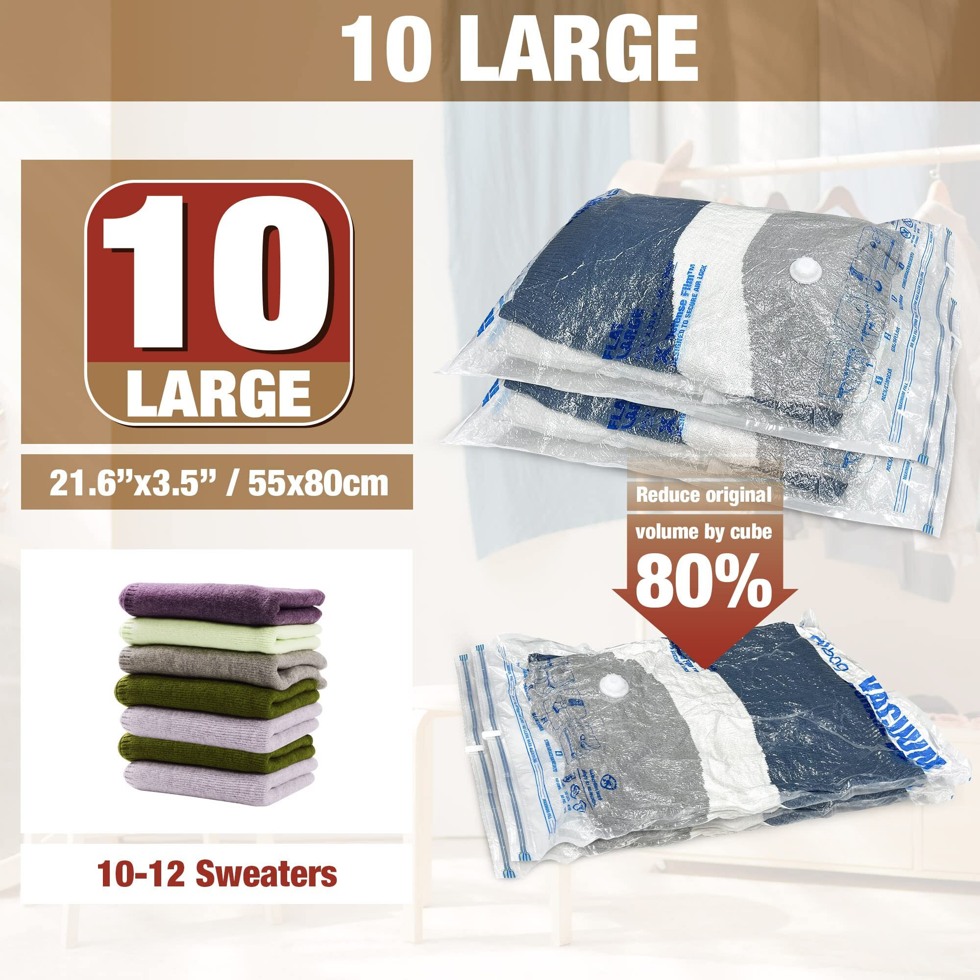 Vacuum Storage Bags, 10 Large Space Saver Vacuum Seal Bags, Space Bags, Vacuum Sealer Bags For Clothes, Blankets, Bedding (10L)