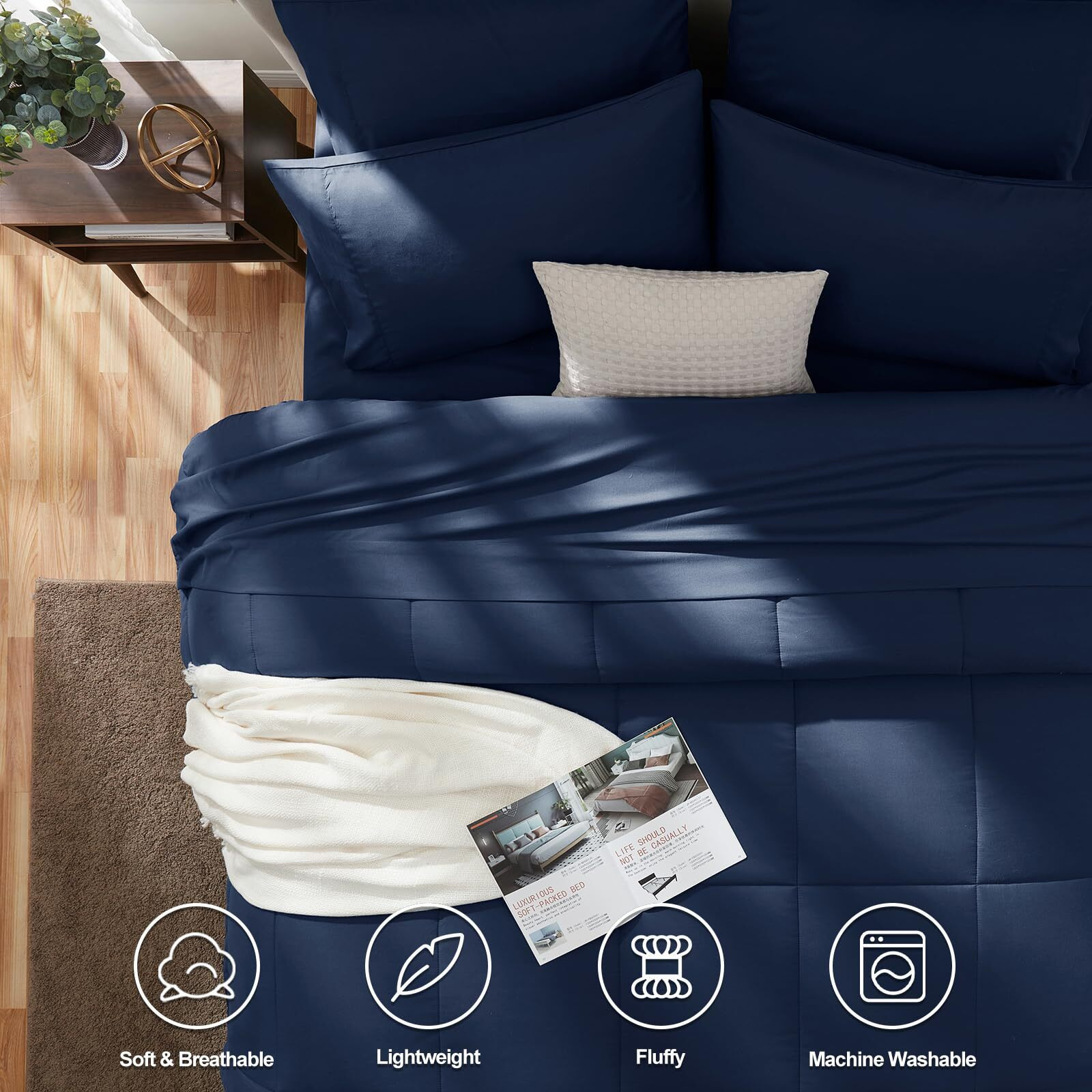 Cozylux Full Size Comforter Sets - 7 Pieces Bed In A Bag Set Navy Blue, Bedding Sets Full With All Season Quilted Comforter, Flat Sheet, Fitted Sheet, Pillowcases, Navy Blue, Full