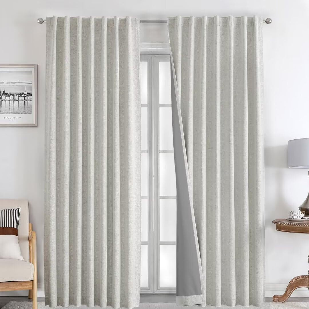 Joydeco 100% Greyish White Blackout Curtains 108 Inches Long Linen Curtains 2 Panels Set Burg For Bedroom Living Room Blackout Darkening Thermal Insulated Back Tab Rodpocket(52X108 Inchgreyishwhite)