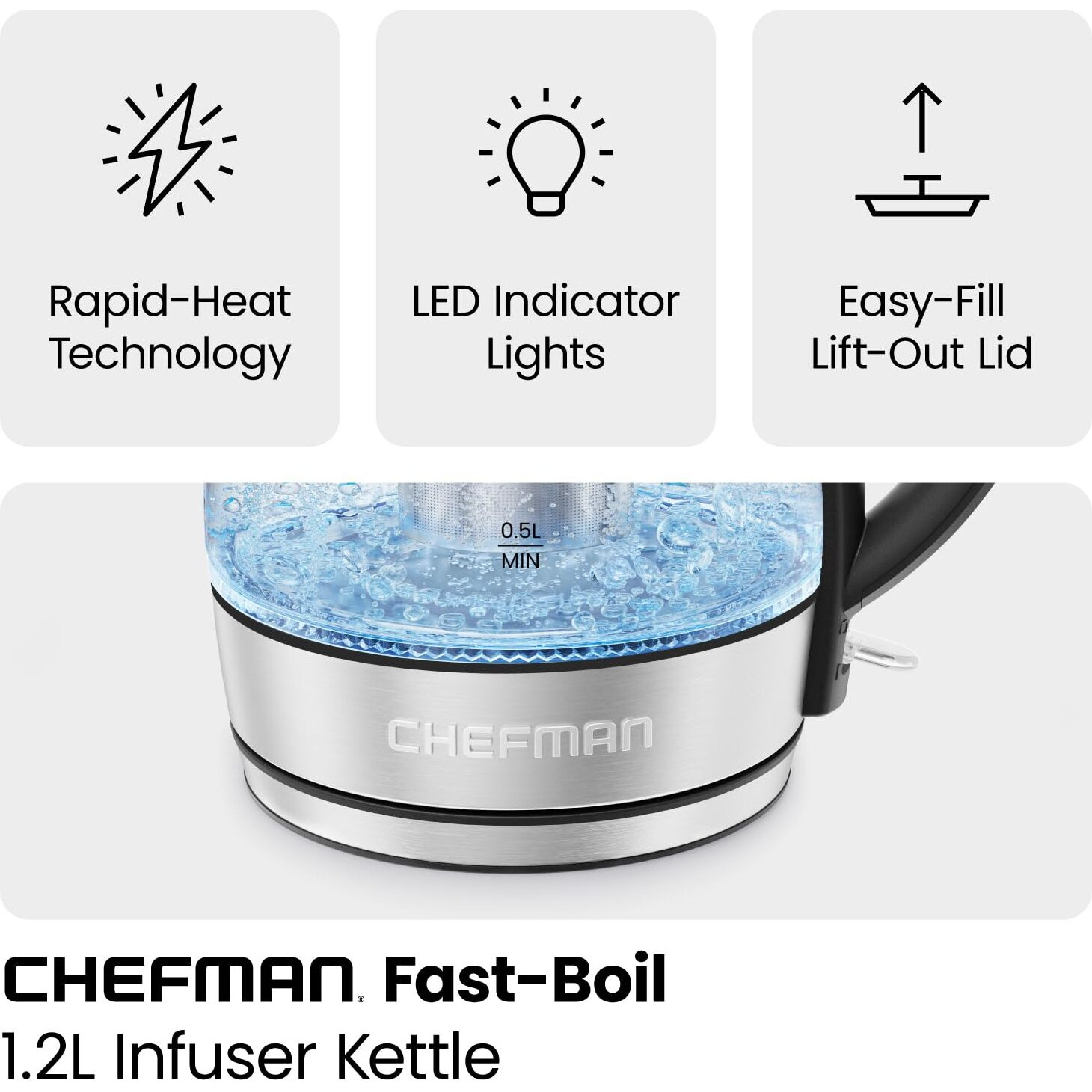 Chefman Electric Kettle - 1.2L 1500W Hot Water Tea Pot With Tea Infuser, Bpa Free, Auto Shut Off, Boil-Dry Protection, Removable Lid, Led Light, Cordless Glass Electric Tea Kettle - Stainless Steel
