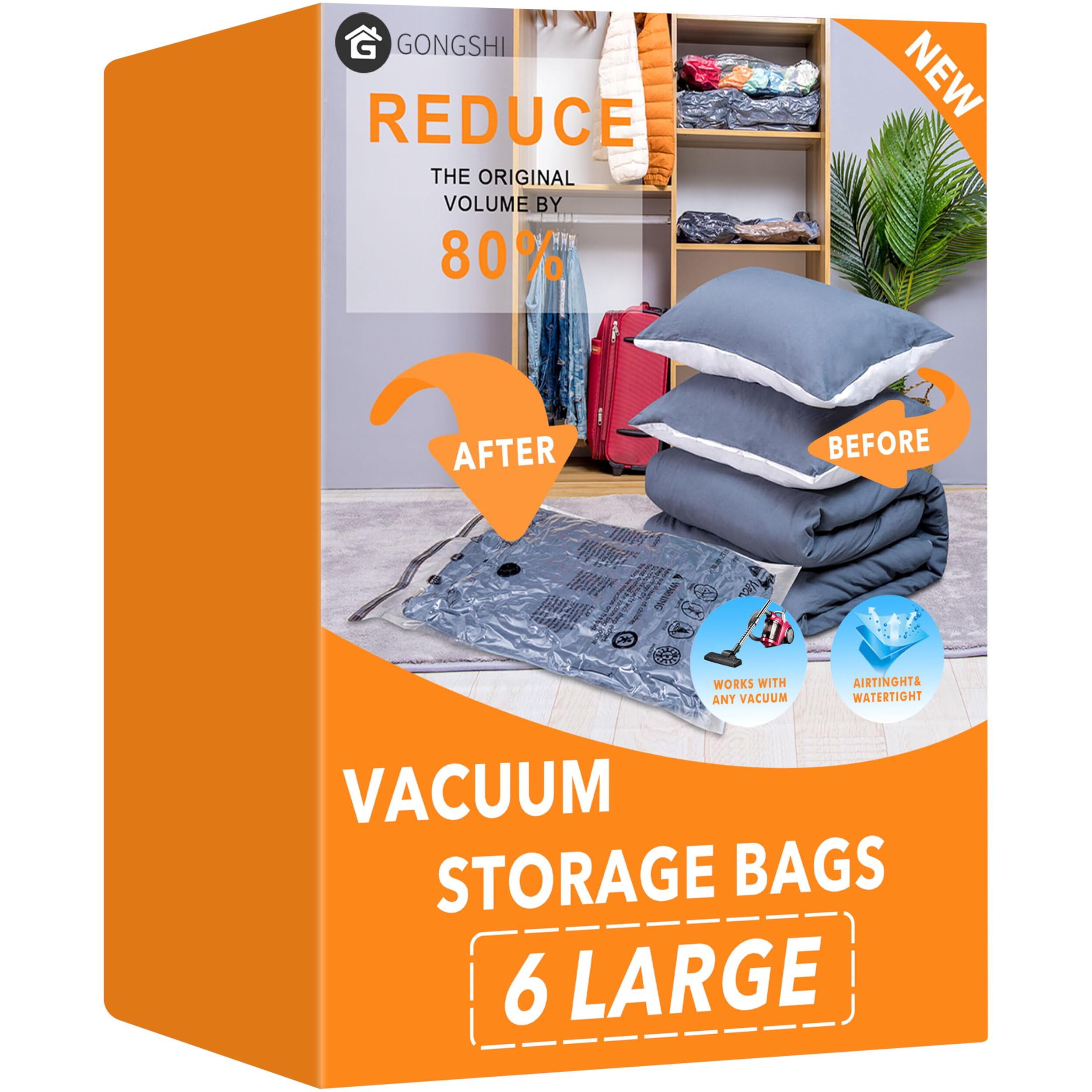 6 Large Vacuum Storage Bags,Space Saver Sealer Compression Bags For Blankets, Comforters, Pillows, Clothes Storage