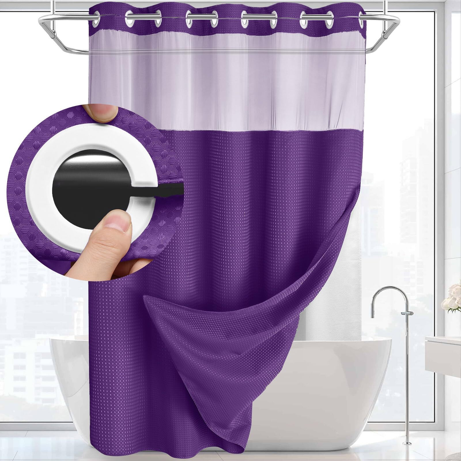 Yellyhommy No Hook Shower Curtain With Snap In Liner Set Less Time Waffle Shower Curtain For Bathroom 75"" L X 72"" W Deep Purple