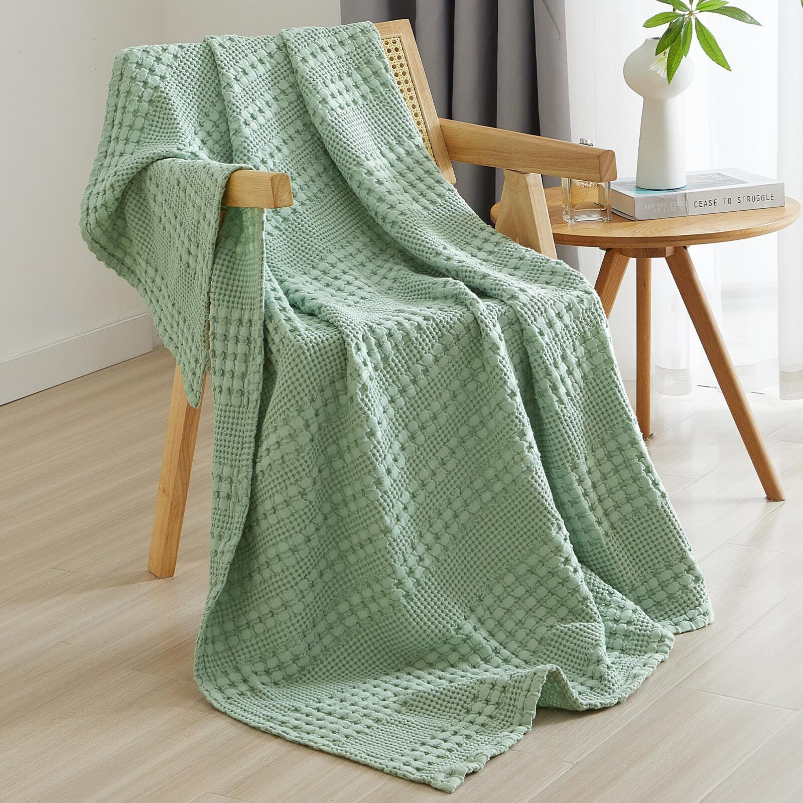Phf 100% Cotton Waffle Weave Throw Blanket - Lightweight Washed Cotton Throw Blanket For Spring & Summer - 50"&quotX60"" Aesthetic Breathable And Skin-Friendly Blanket For Room Decor & Office - Sage Green