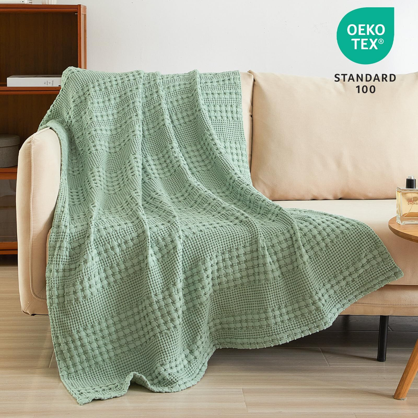 Phf 100% Cotton Waffle Weave Throw Blanket - Lightweight Washed Cotton Throw Blanket For Spring & Summer - 50"&quotX60"" Aesthetic Breathable And Skin-Friendly Blanket For Room Decor & Office - Sage Green