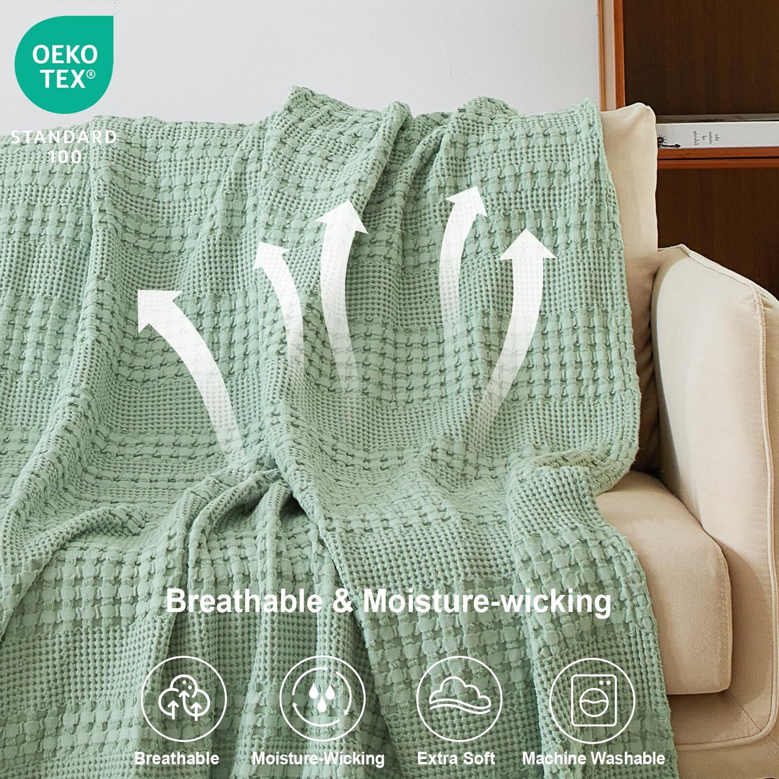 Phf 100% Cotton Waffle Weave Throw Blanket - Lightweight Washed Cotton Throw Blanket For Spring & Summer - 50"&quotX60"" Aesthetic Breathable And Skin-Friendly Blanket For Room Decor & Office - Sage Green