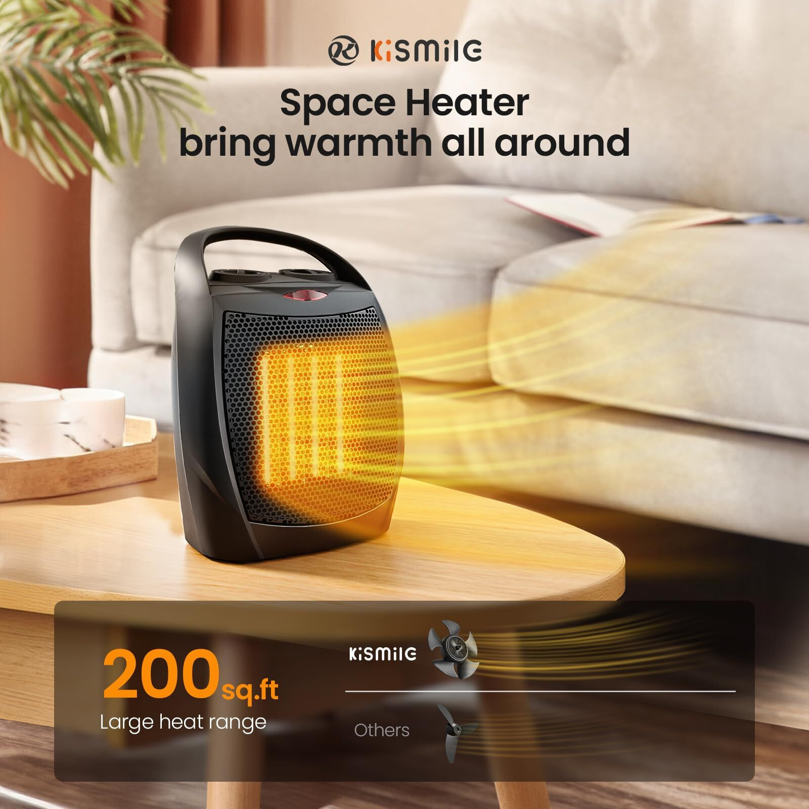 Kismile Small Electric Space Heater Ceramic Space Heater,Portable Heater Fan For Office With Adjustable Thermostat And Overheat Protection Etl Listed For Kitchen, 750W/1500W(Black)