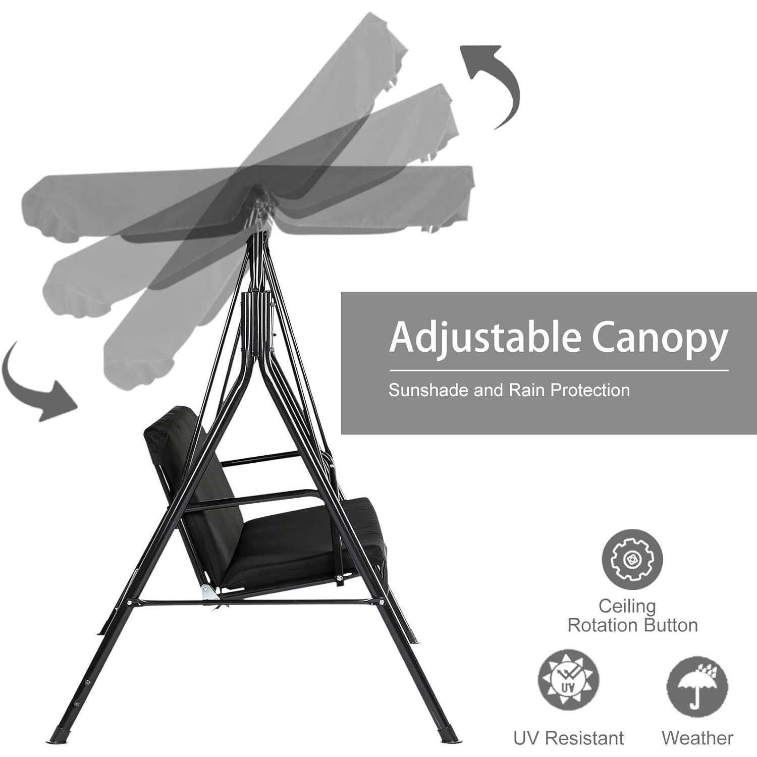 Aecojoy Outdoor Patio Swing Chair For Adults, 3-Seat Porch Swings With Adjustable Canopy, Outside Swing Bench With Removable Cushion, Suitable For Backyard, Garden, Yard, Poolside, Balcony (Black)