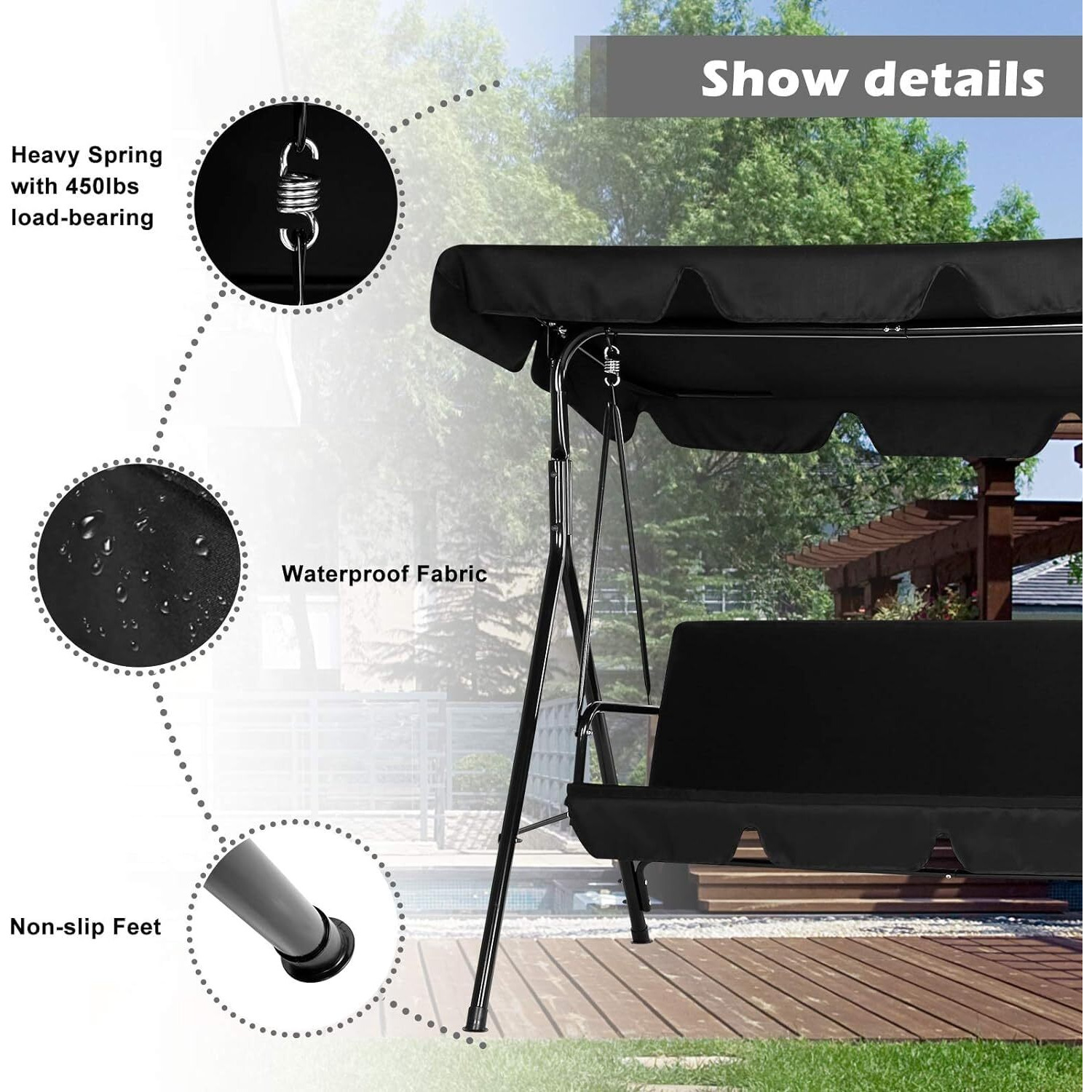 Aecojoy Outdoor Patio Swing Chair For Adults, 3-Seat Porch Swings With Adjustable Canopy, Outside Swing Bench With Removable Cushion, Suitable For Backyard, Garden, Yard, Poolside, Balcony (Black)
