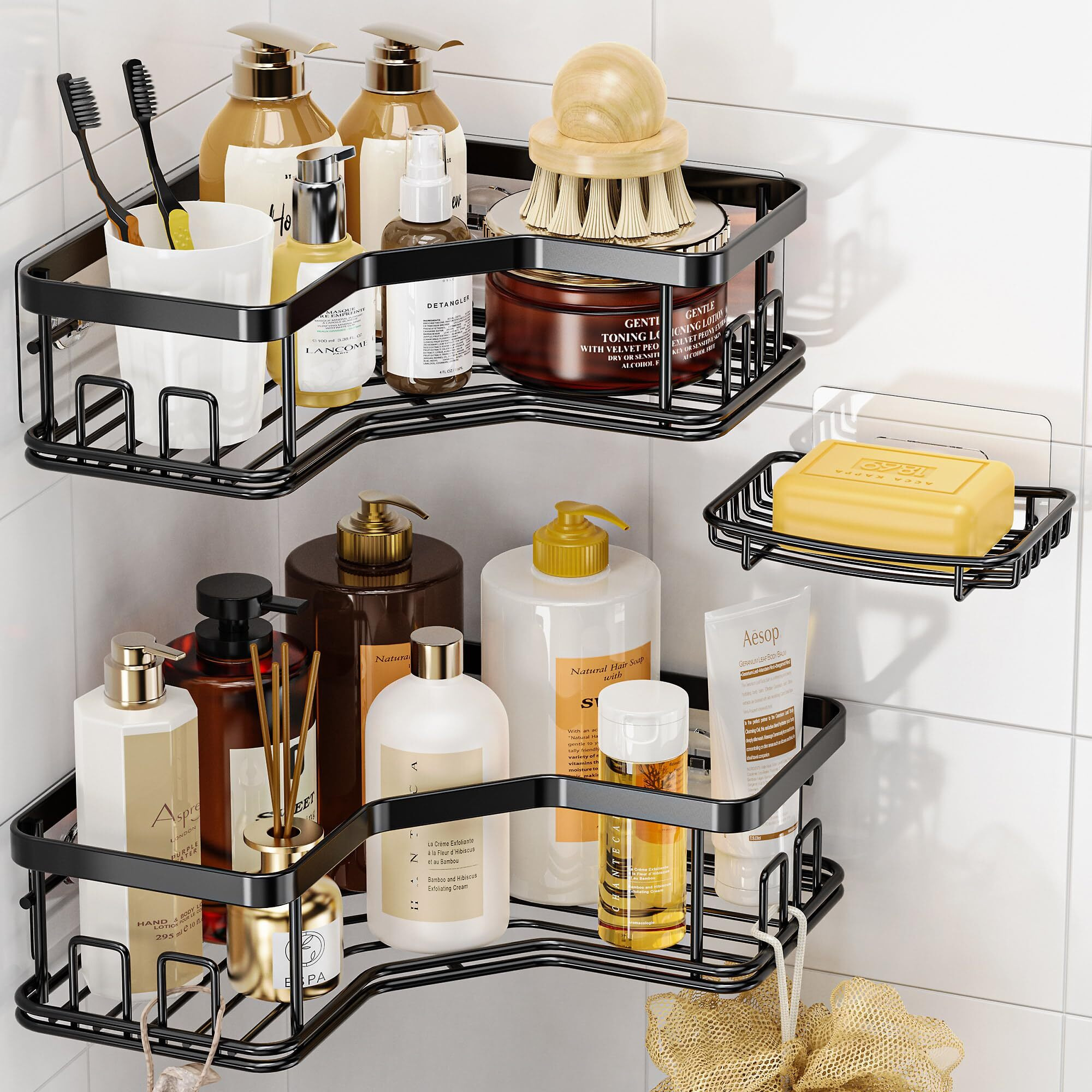 Maxiffe Shower Caddy, 3-Pack Shower Organizer With Soap Holder, Corner Shower Caddy With 8 Hooks, Wall Mounted Shower Shelf For Bathroom, Kitchen, Countertop, Black