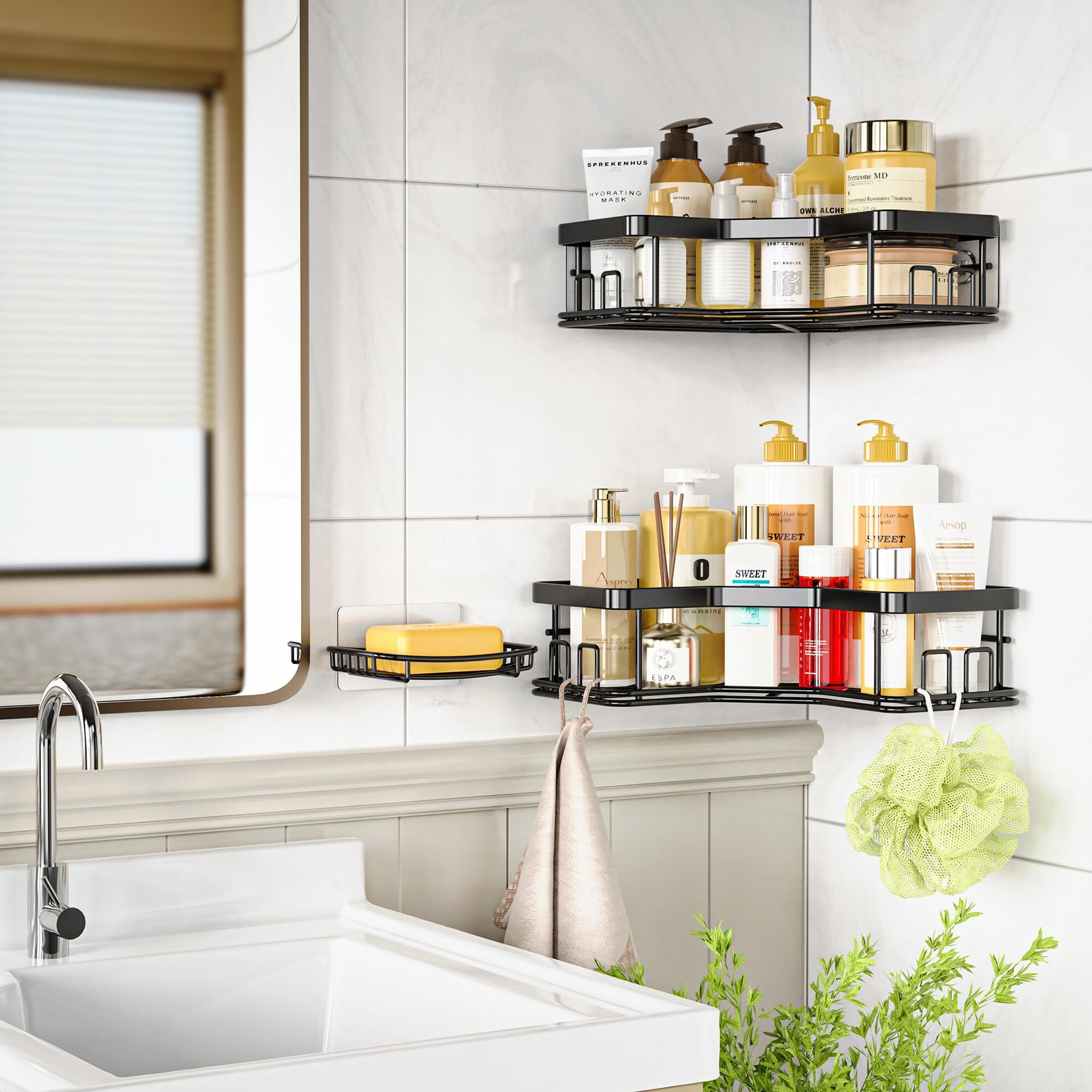 Maxiffe Shower Caddy, 3-Pack Shower Organizer With Soap Holder, Corner Shower Caddy With 8 Hooks, Wall Mounted Shower Shelf For Bathroom, Kitchen, Countertop, Black